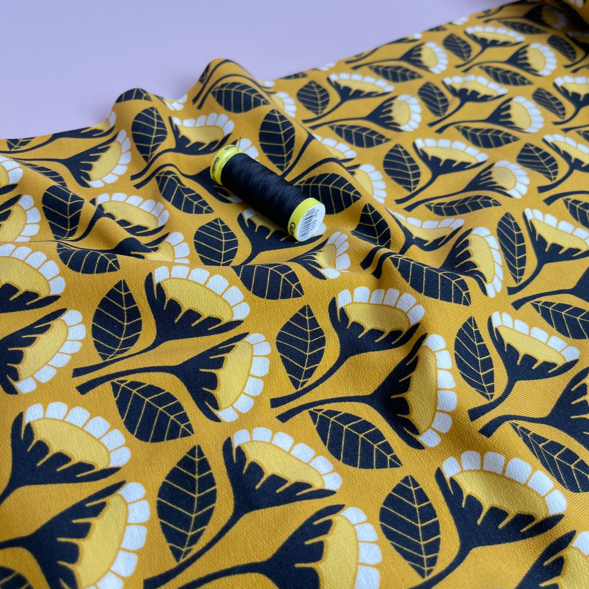 REMNANT 2.11 Metres - Monochrome Flowers on Yellow Cotton French Terry