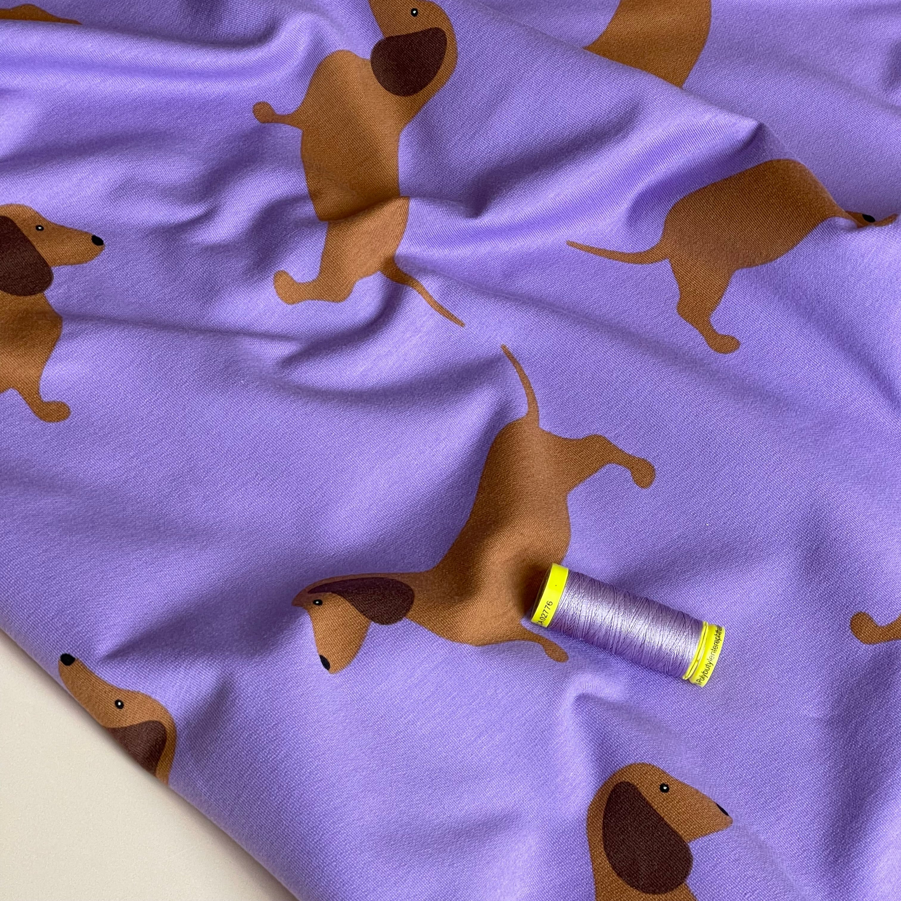 Dachshunds On Lilac Soft Cotton Sweat-shirting Fabric