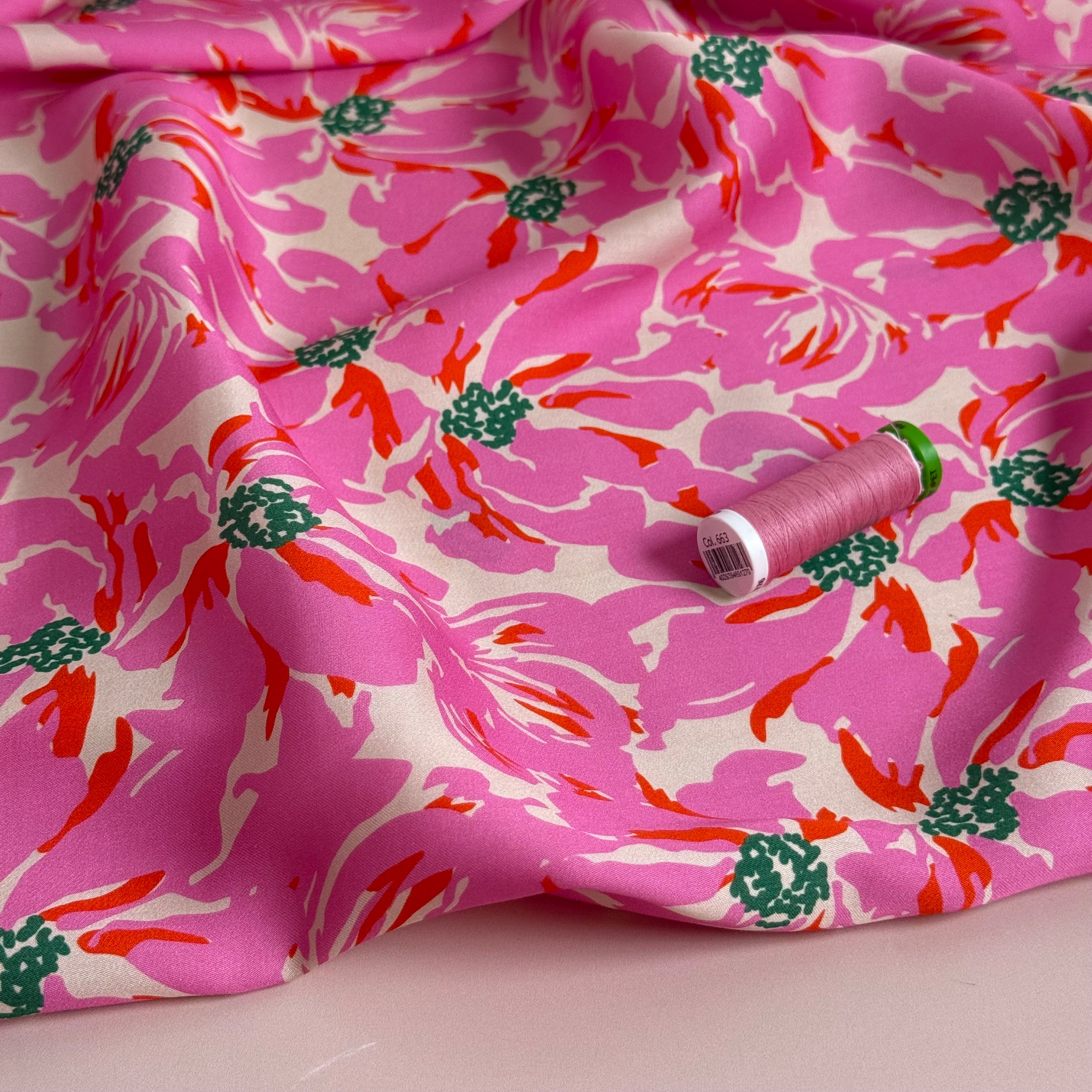 Painted Pink Flowers Lyocell Sateen Fabric