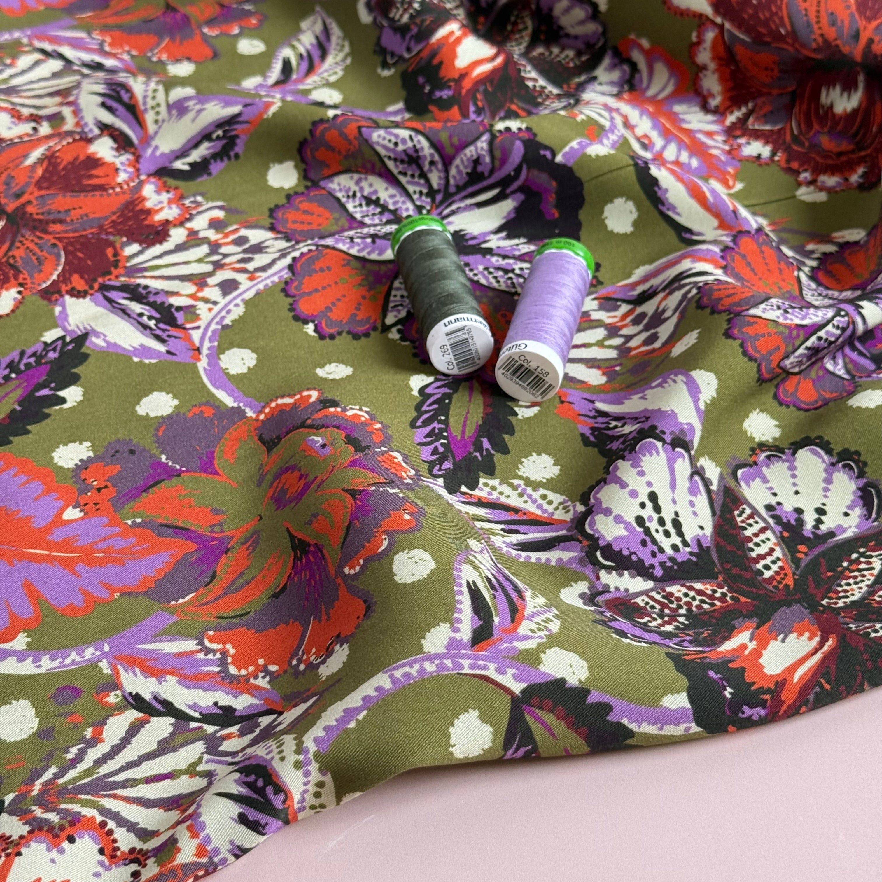 Paisley Flowers Khaki Viscose Twill with LENZING™ ECOVERO™ fibres