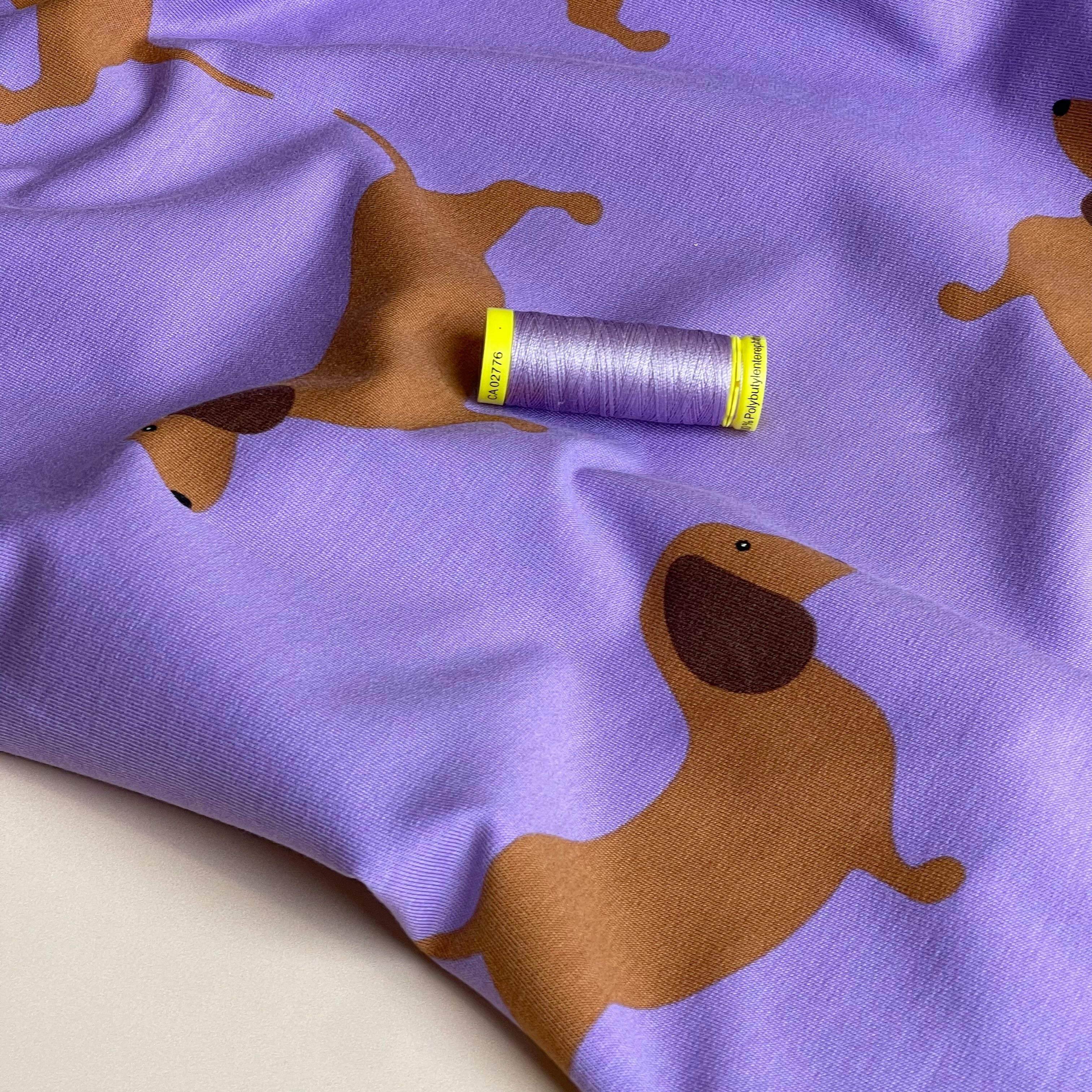 Dachshunds On Lilac Soft Cotton Sweat-shirting Fabric