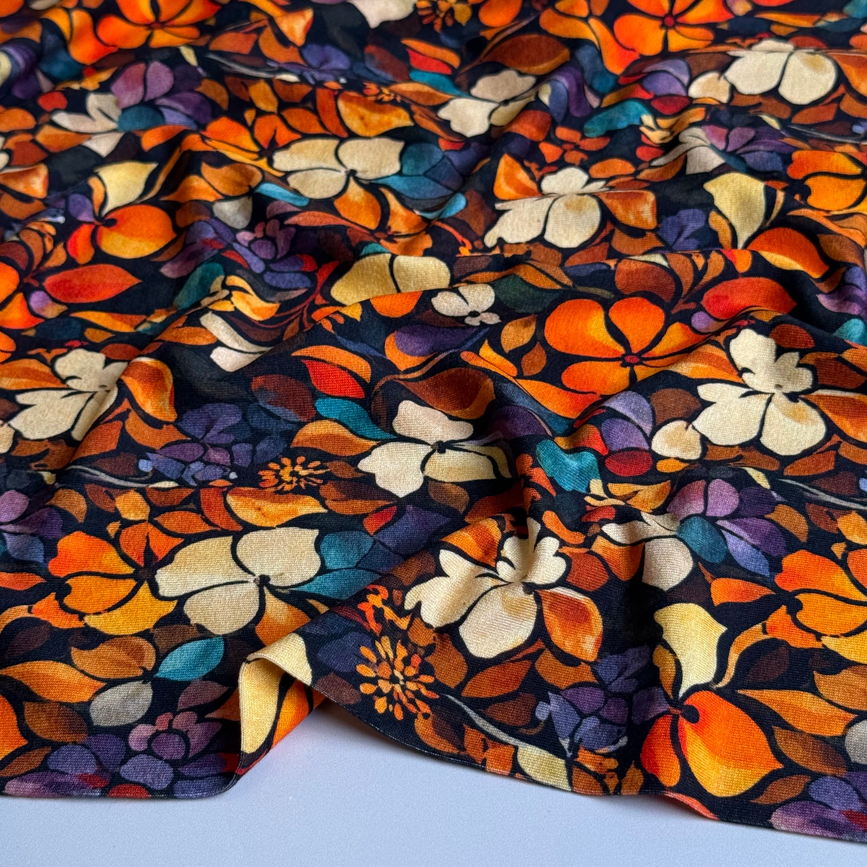 Autumn Flower Petals Orange Viscose Jersey Fabric