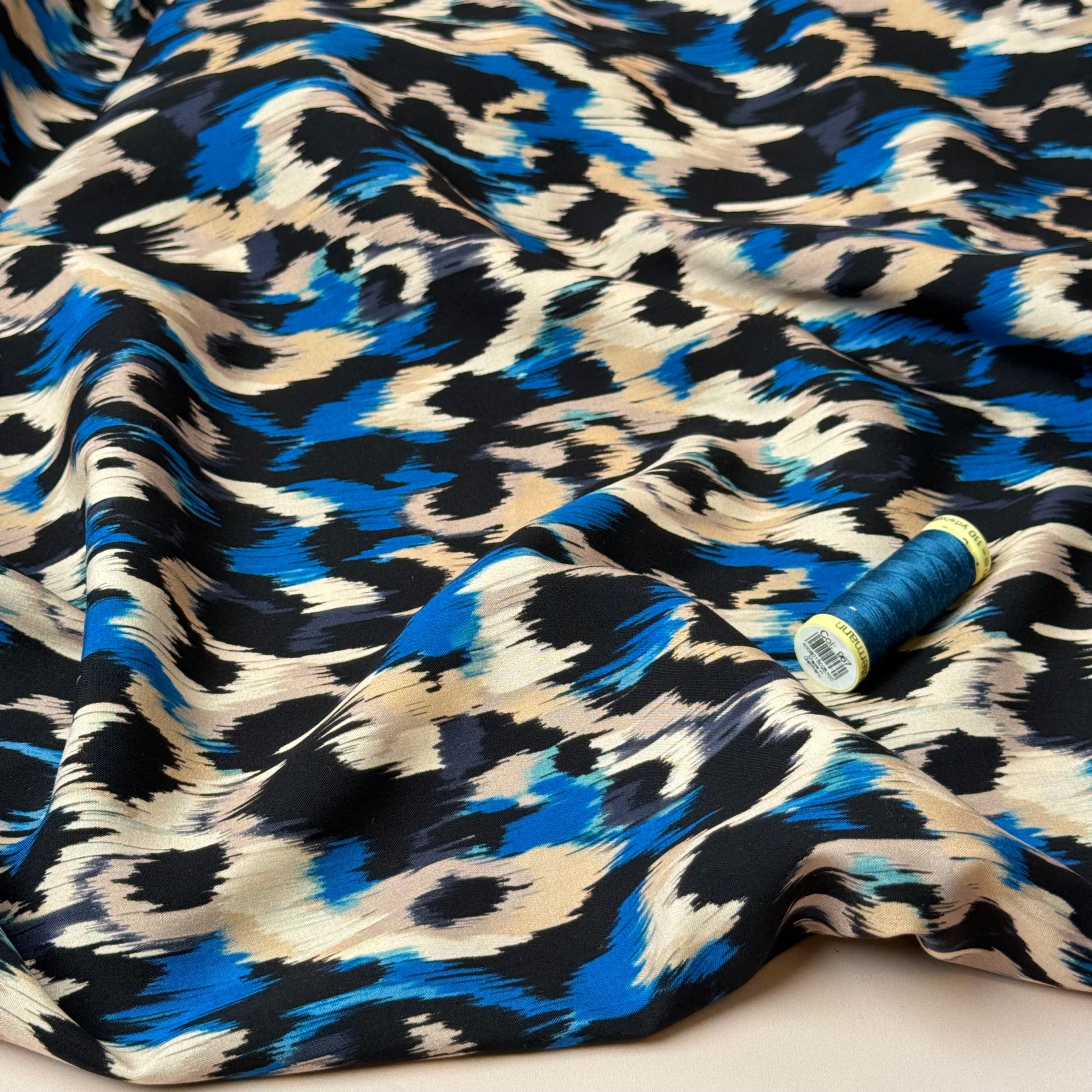 Abstract Animal Blue Viscose Poplin Fabric