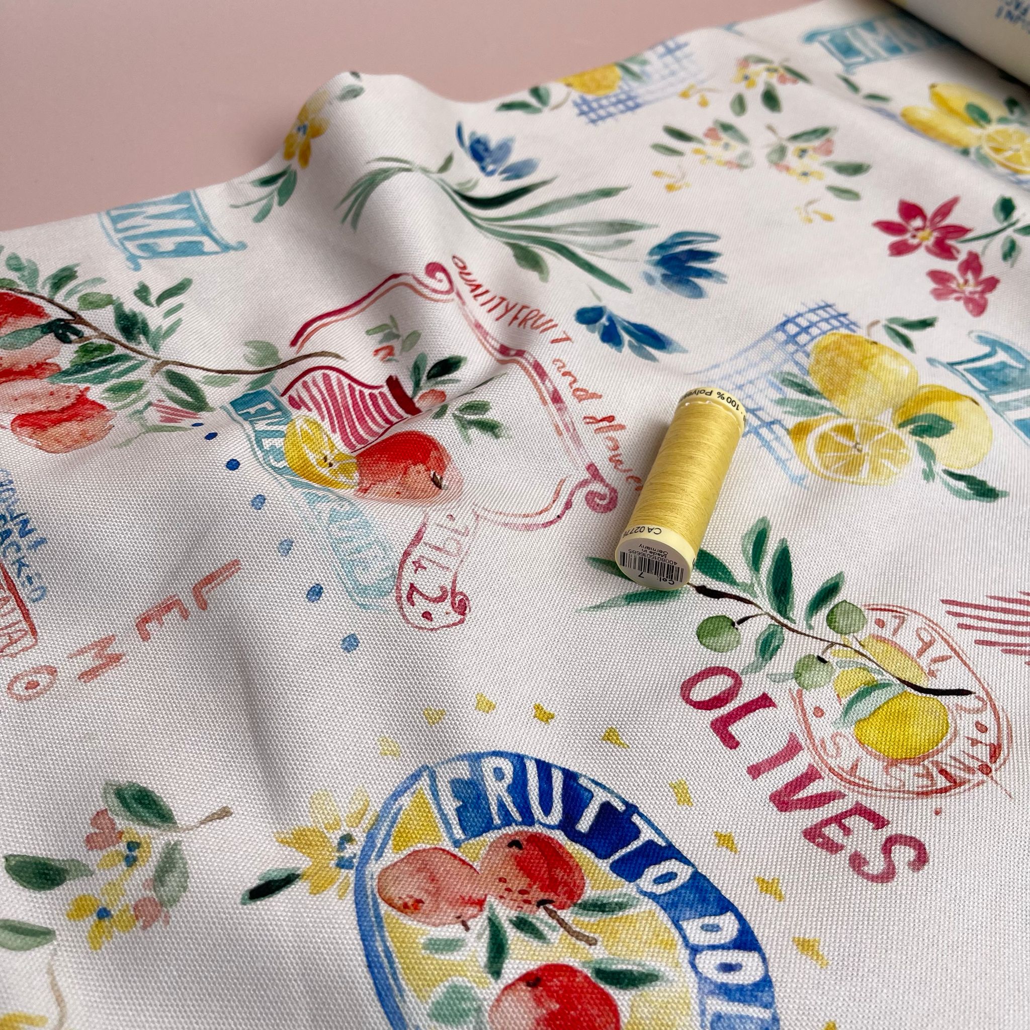 REMNANT 2.14 Metres - Mediterranean Market on White Cotton Canvas Fabric