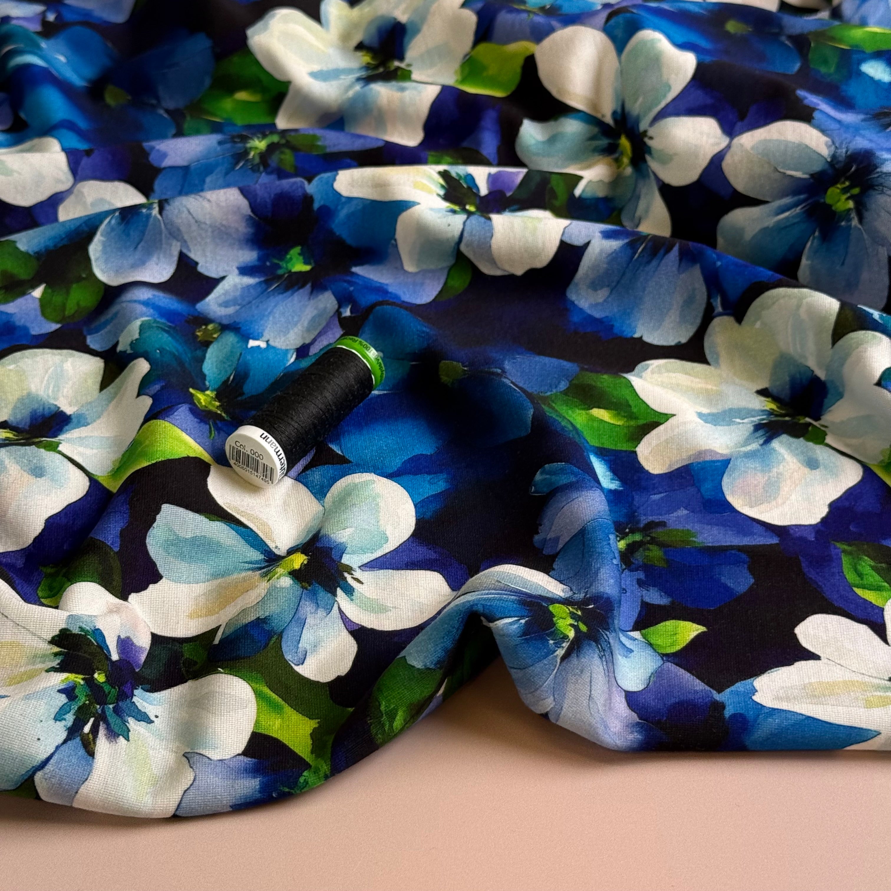 Cobalt Flowers on Black Light Viscose Ponte Roma Fabric