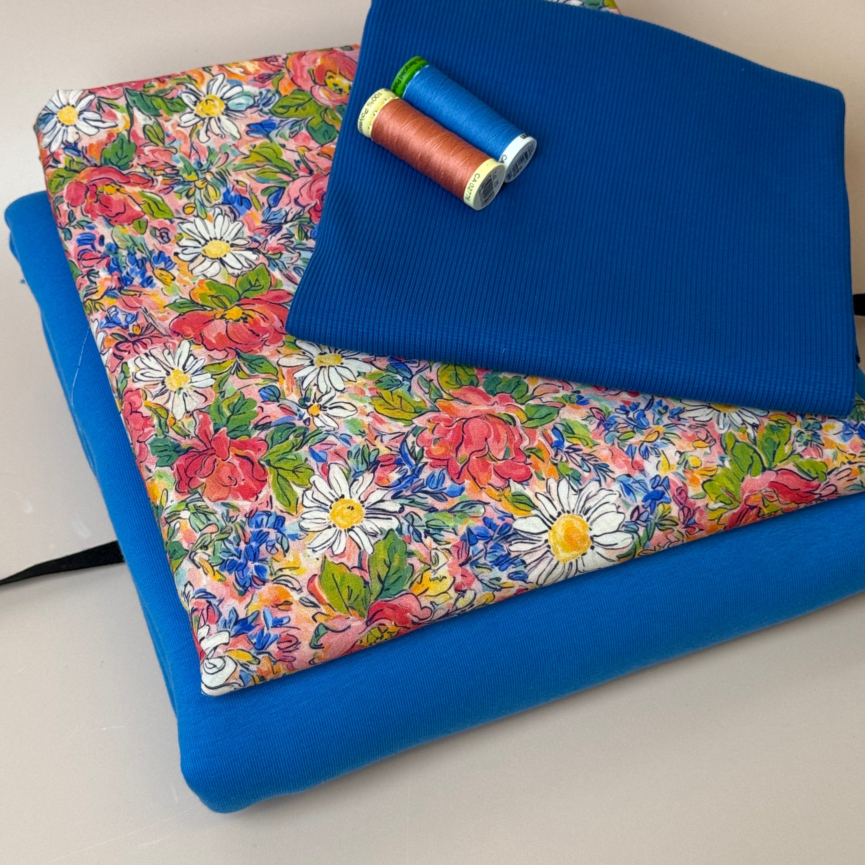 Make an Outfit Colour Bundle - Daisies Viscose & Sweatshirting in Bright Blue with Ribbing