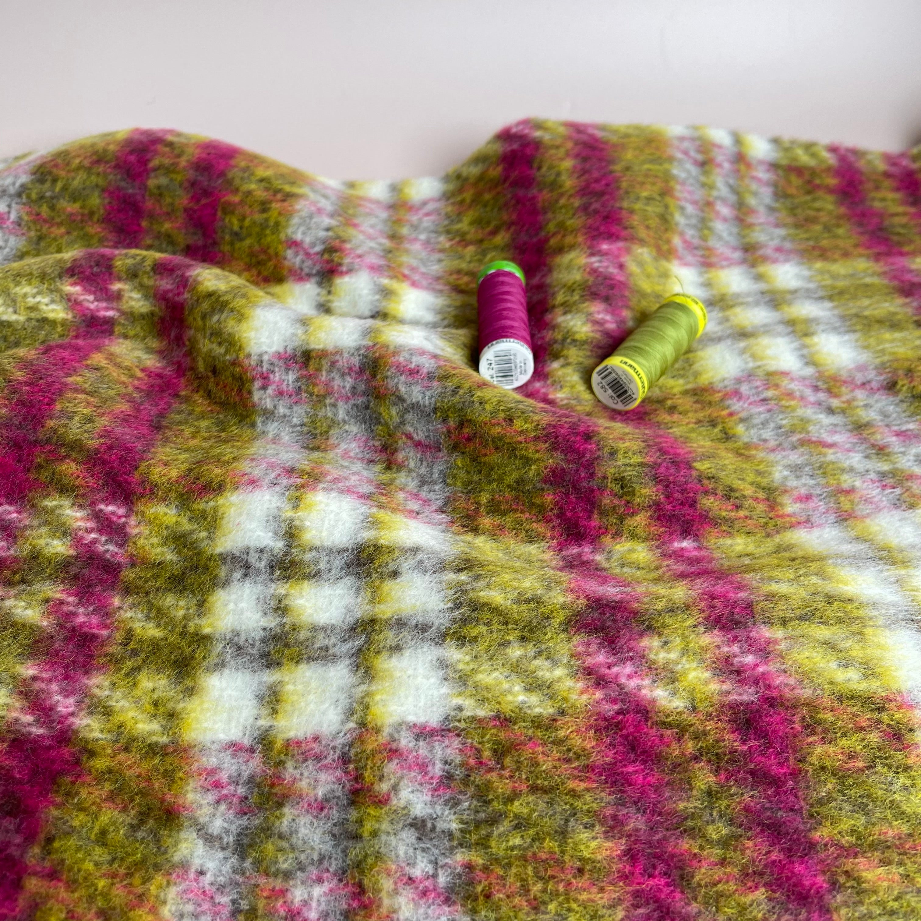 Kirstie in Green and Pink Checked Wool & Cotton Blend Coat Fabric