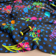 REMNANT 0.95 Metre - Danish Design - Disco Flowers on Black Cotton Jersey Fabric