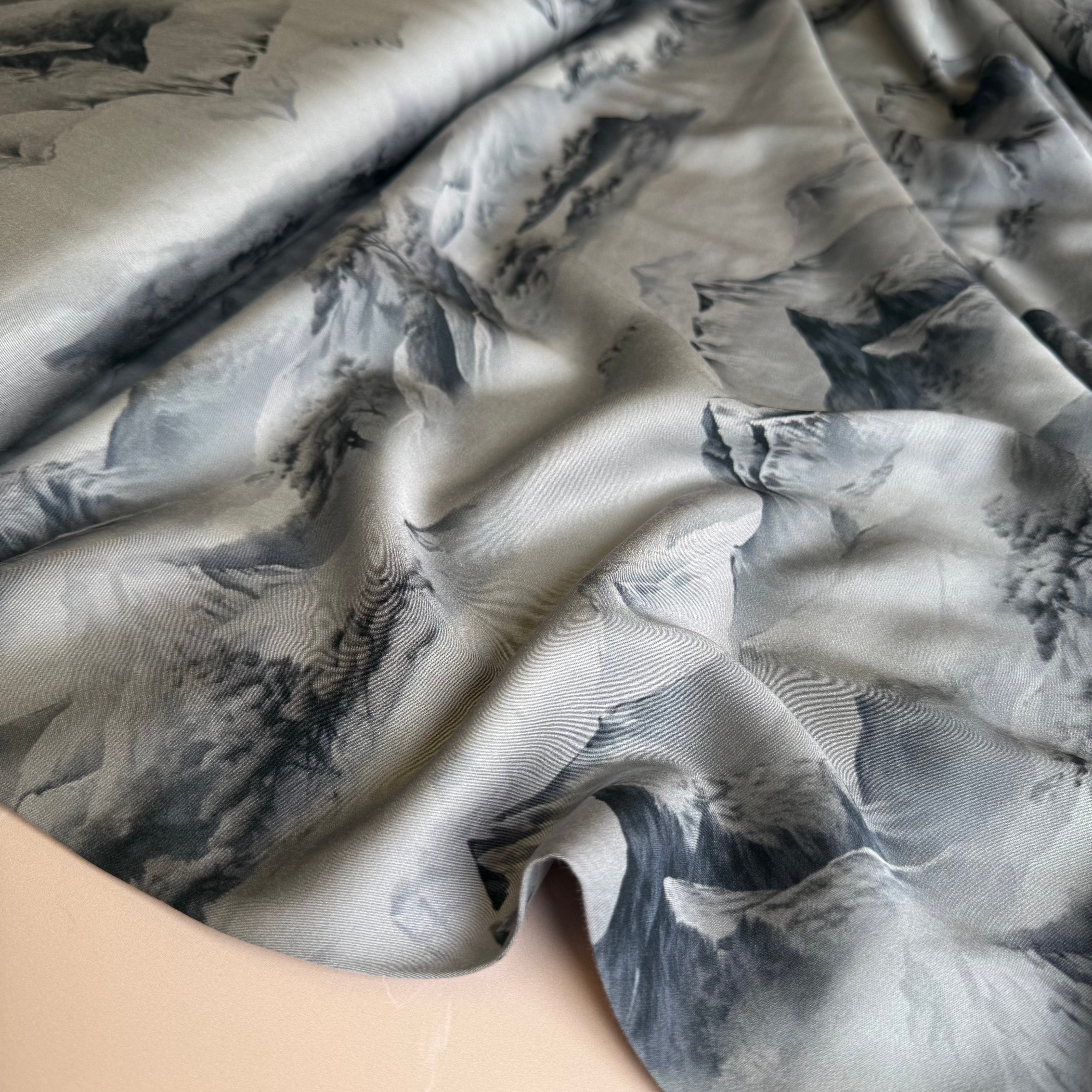 Mountains on Grey Viscose Sateen Fabric