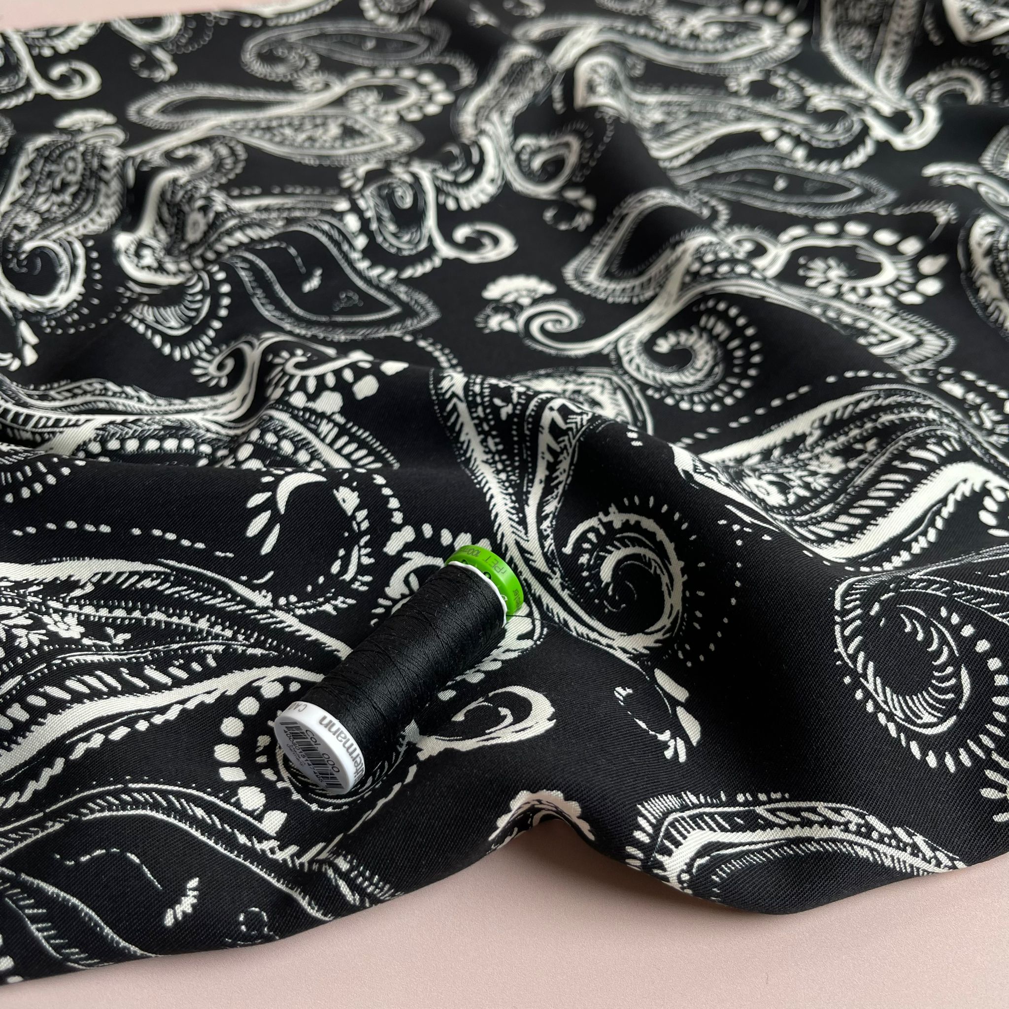 Off-Whtie Paisley on Black Viscose Twill Fabric