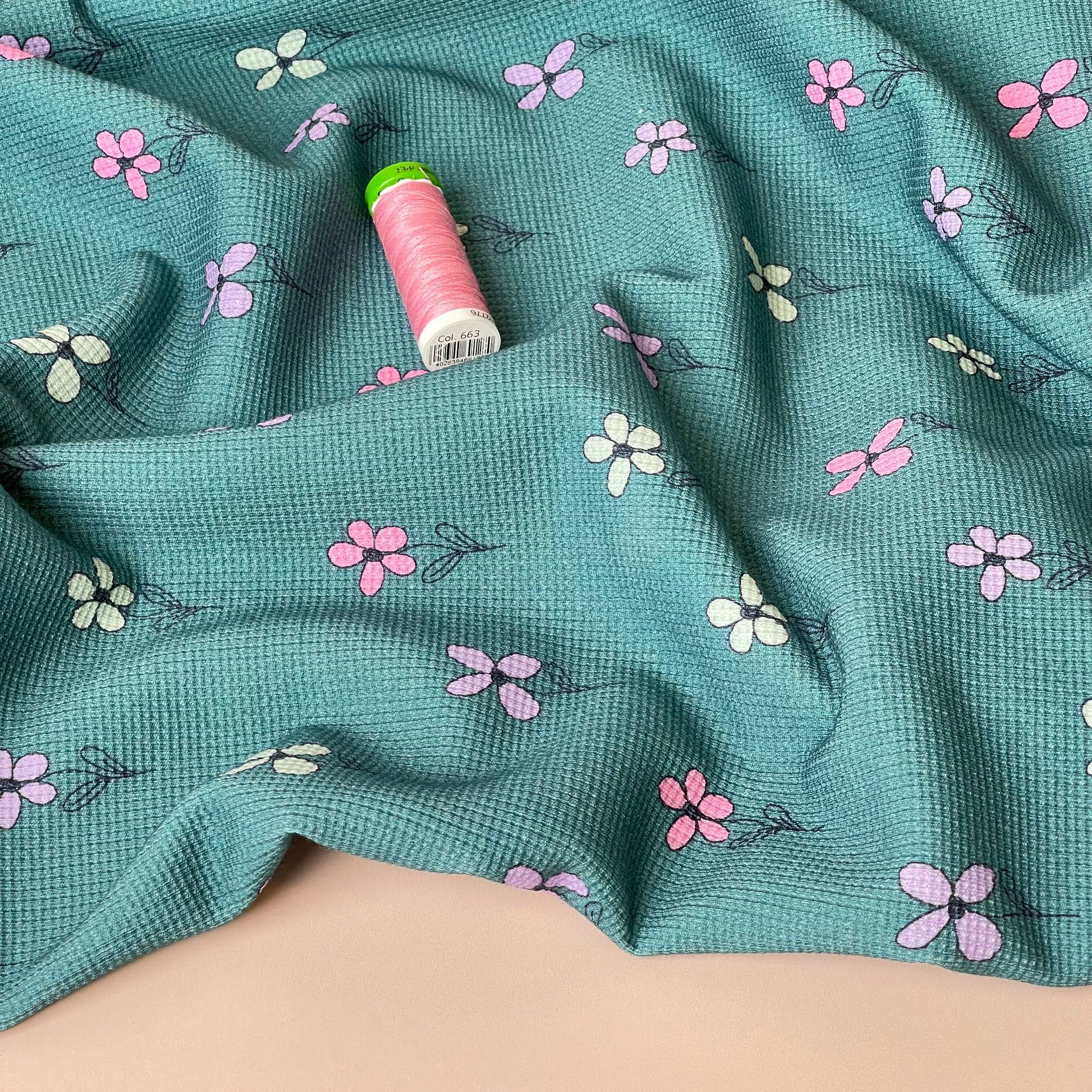 Pretty Flowers on Teal Cotton Waffle Jersey