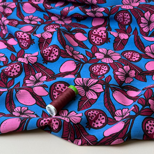 Pomegranates on Azure Blue Viscose Fabric