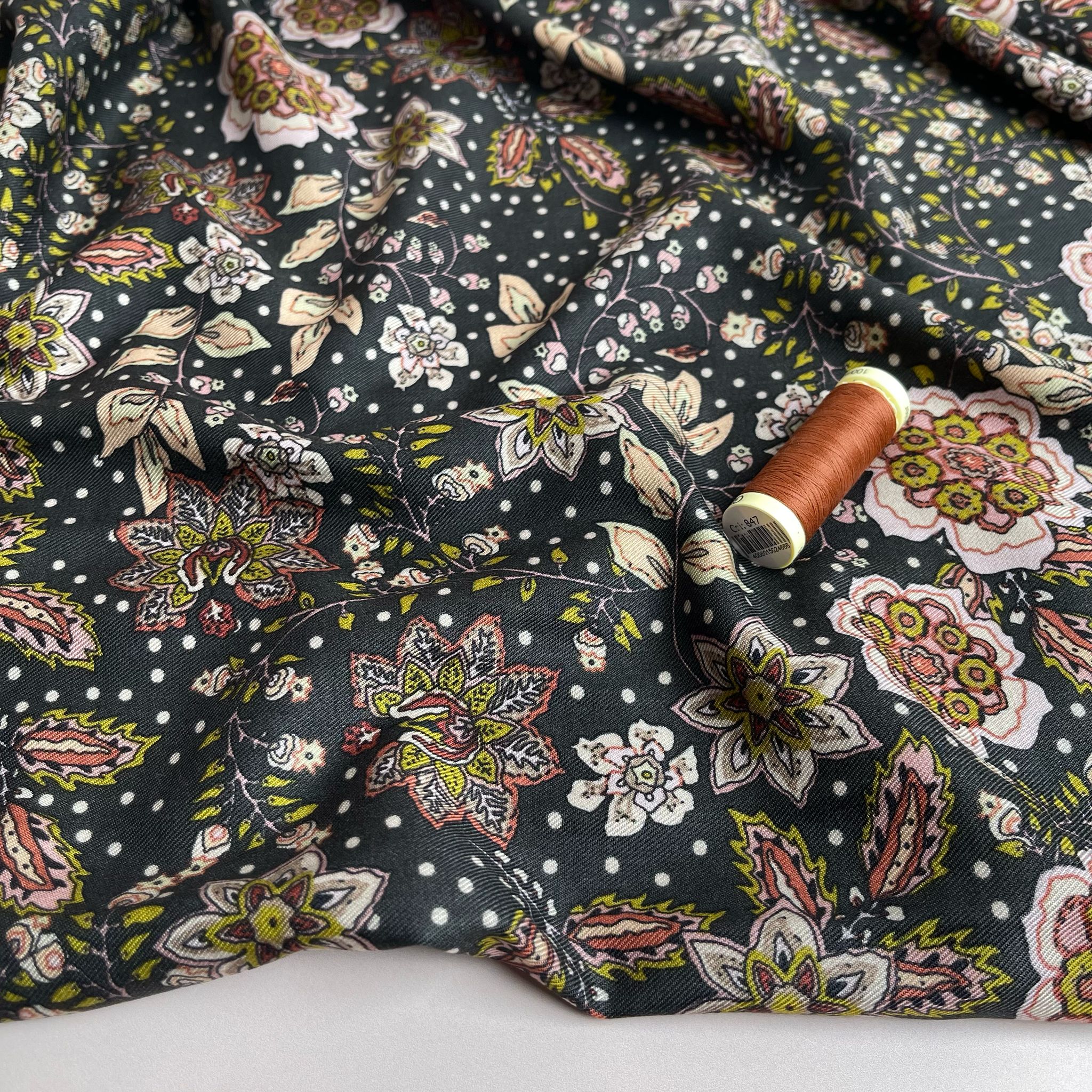 Autumn Paisley Flowers on Black Viscose Twill Fabric