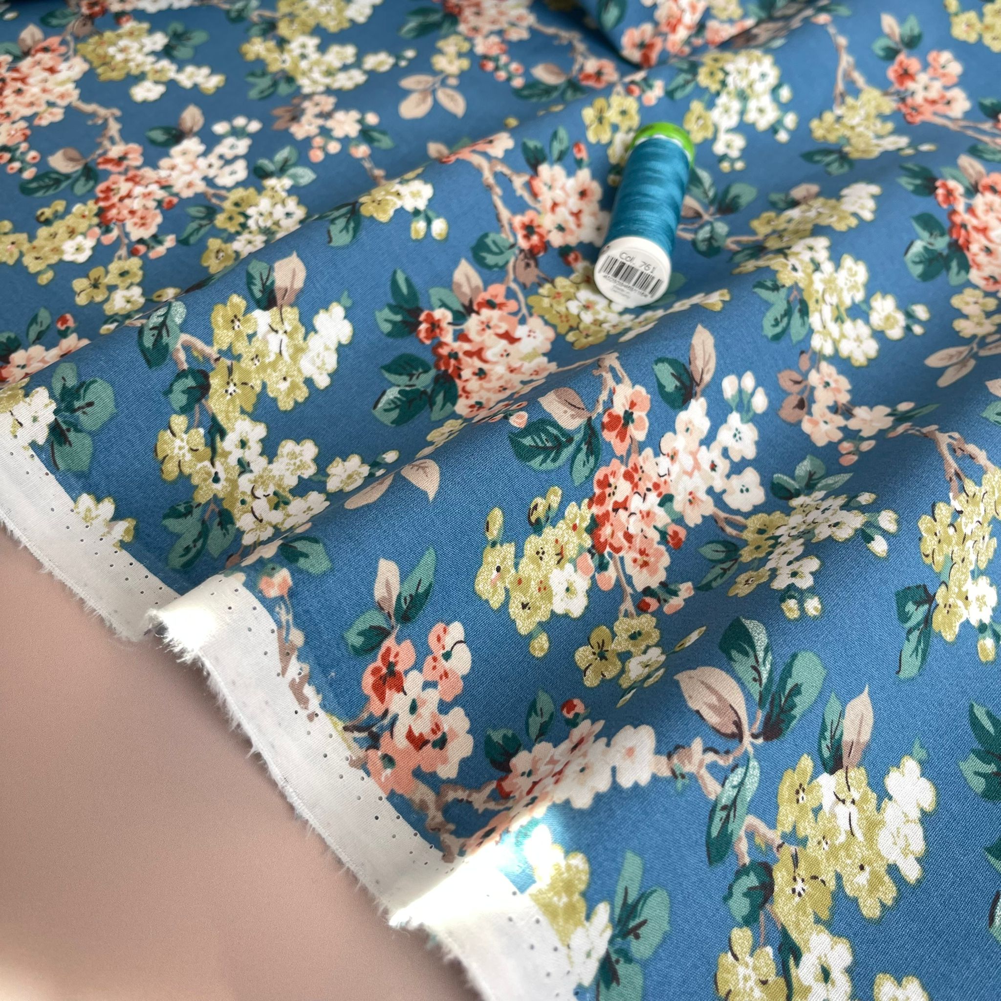 Spring Blossoms on Blue Cotton Poplin