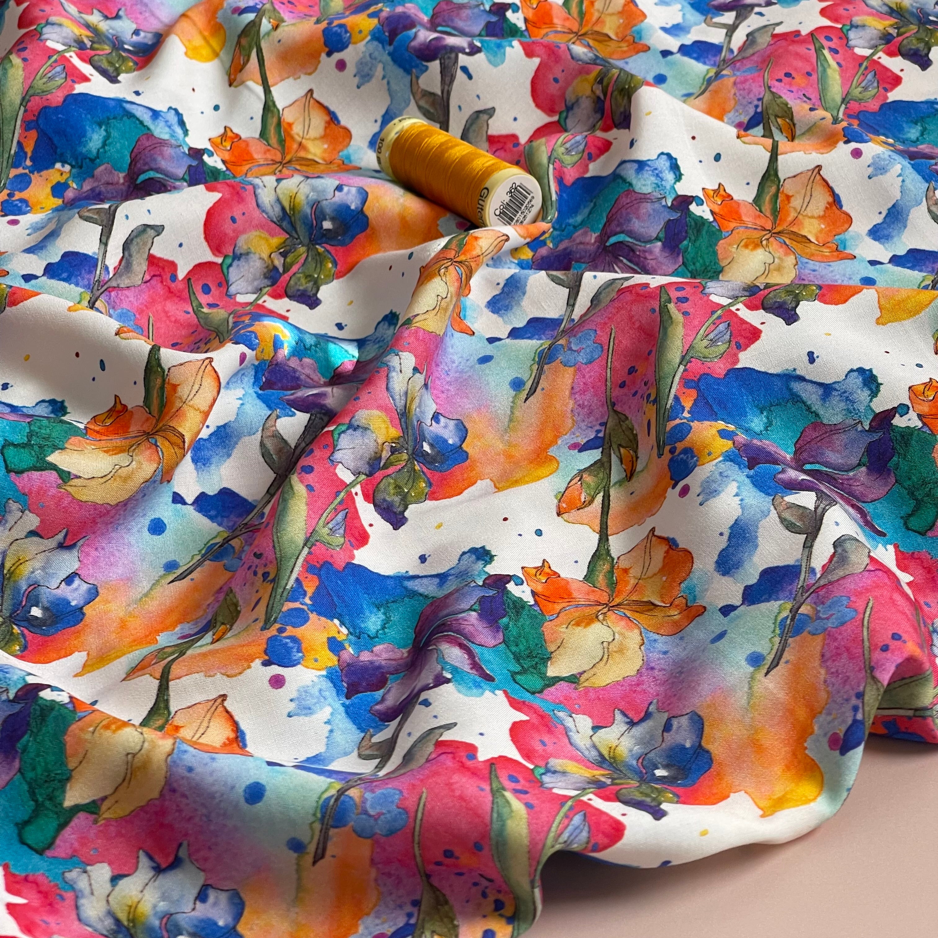 Watercolour Flowers Viscose Poplin Fabric