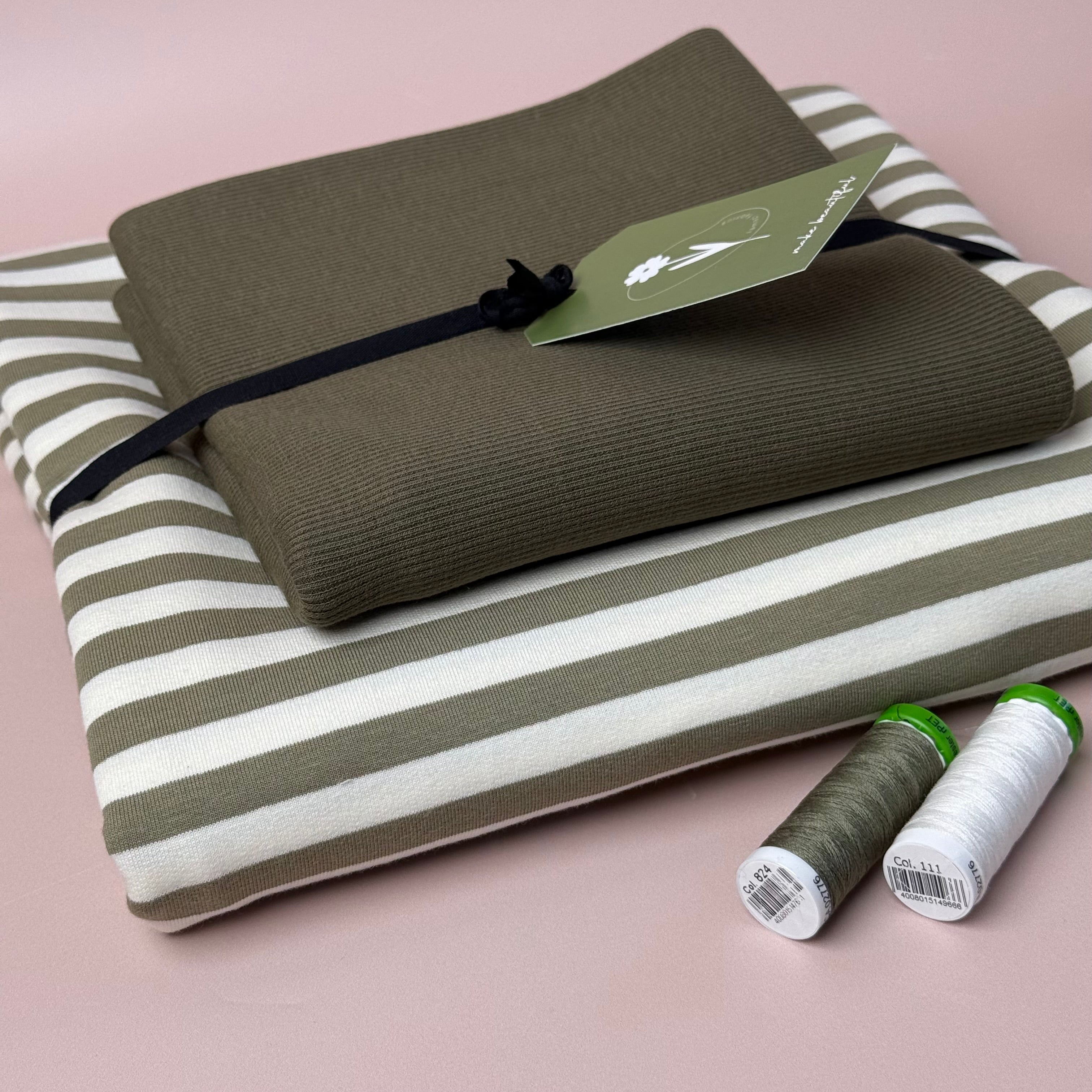 Colour Bundles - Tea Green Stripe Cotton French Terry & Ribbing
