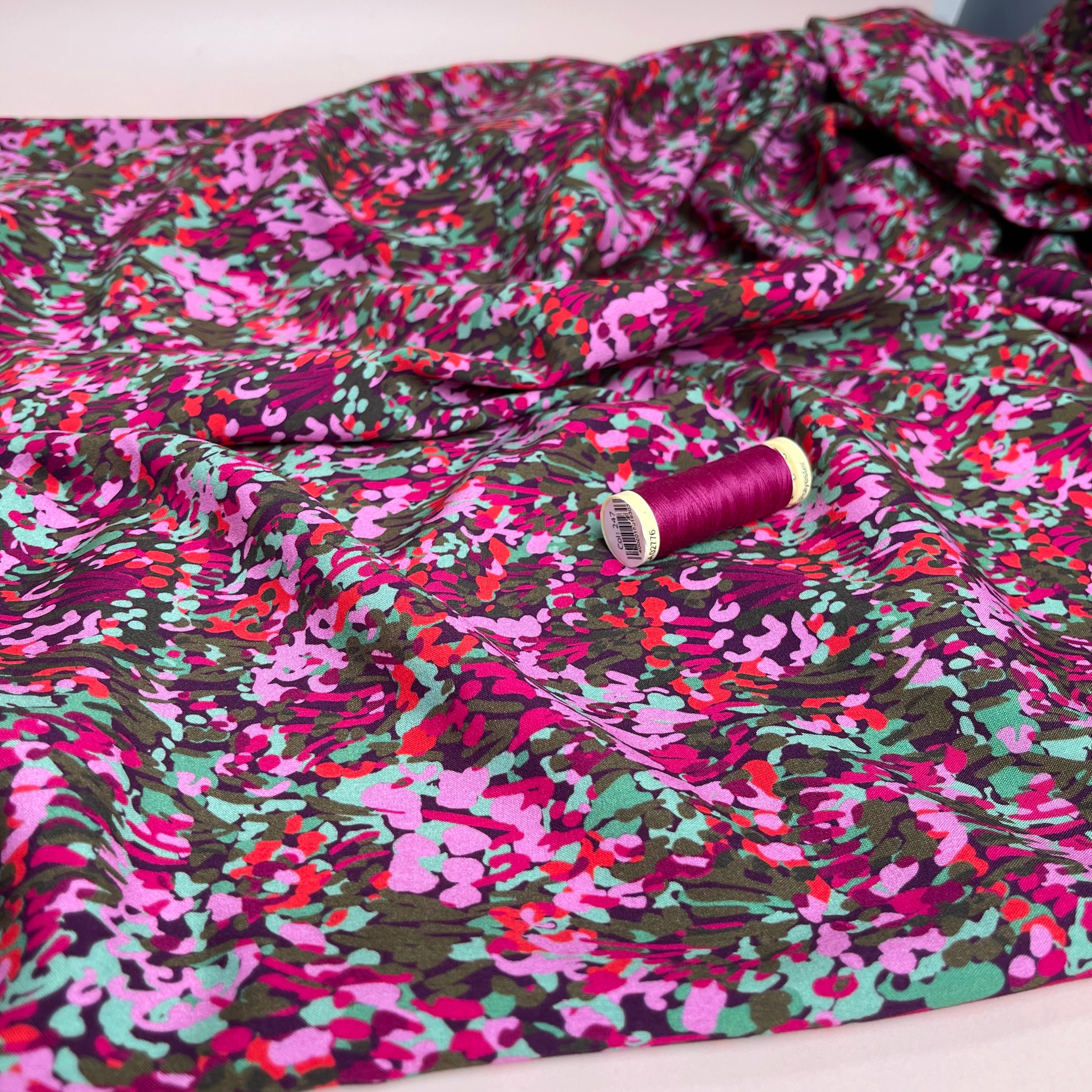 Nerida Hansen -Colourful Garden on Plum Viscose with LENZING™ ECOVERO™ fibres