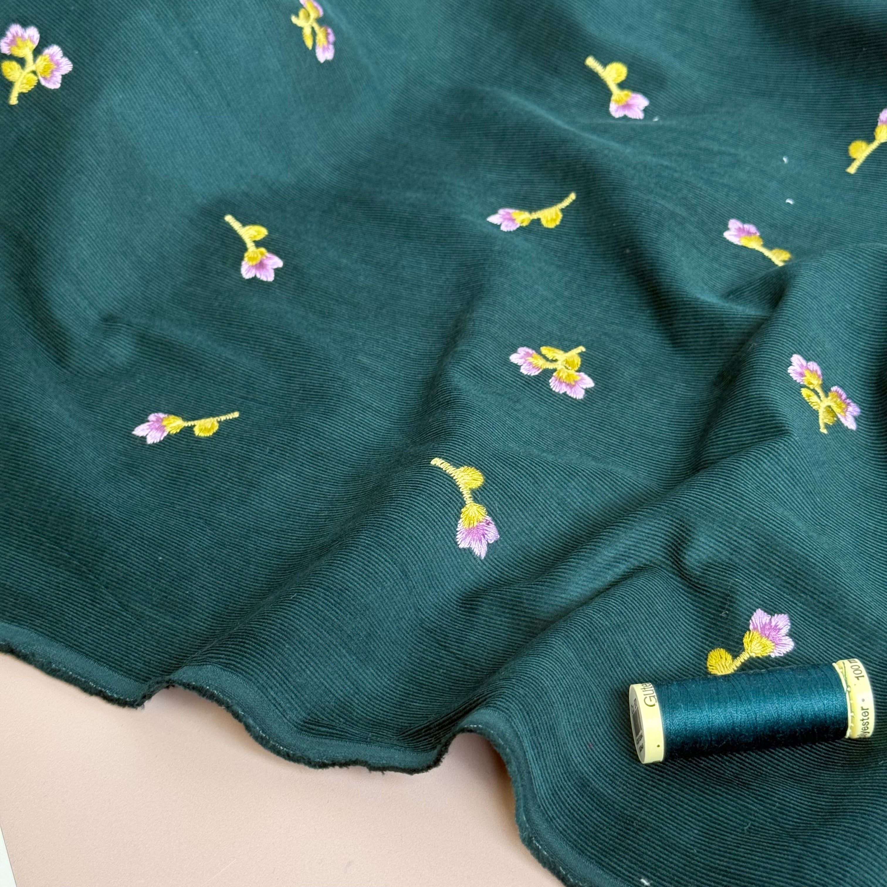 Embroidered Flowers on Teal Cotton Needlecord