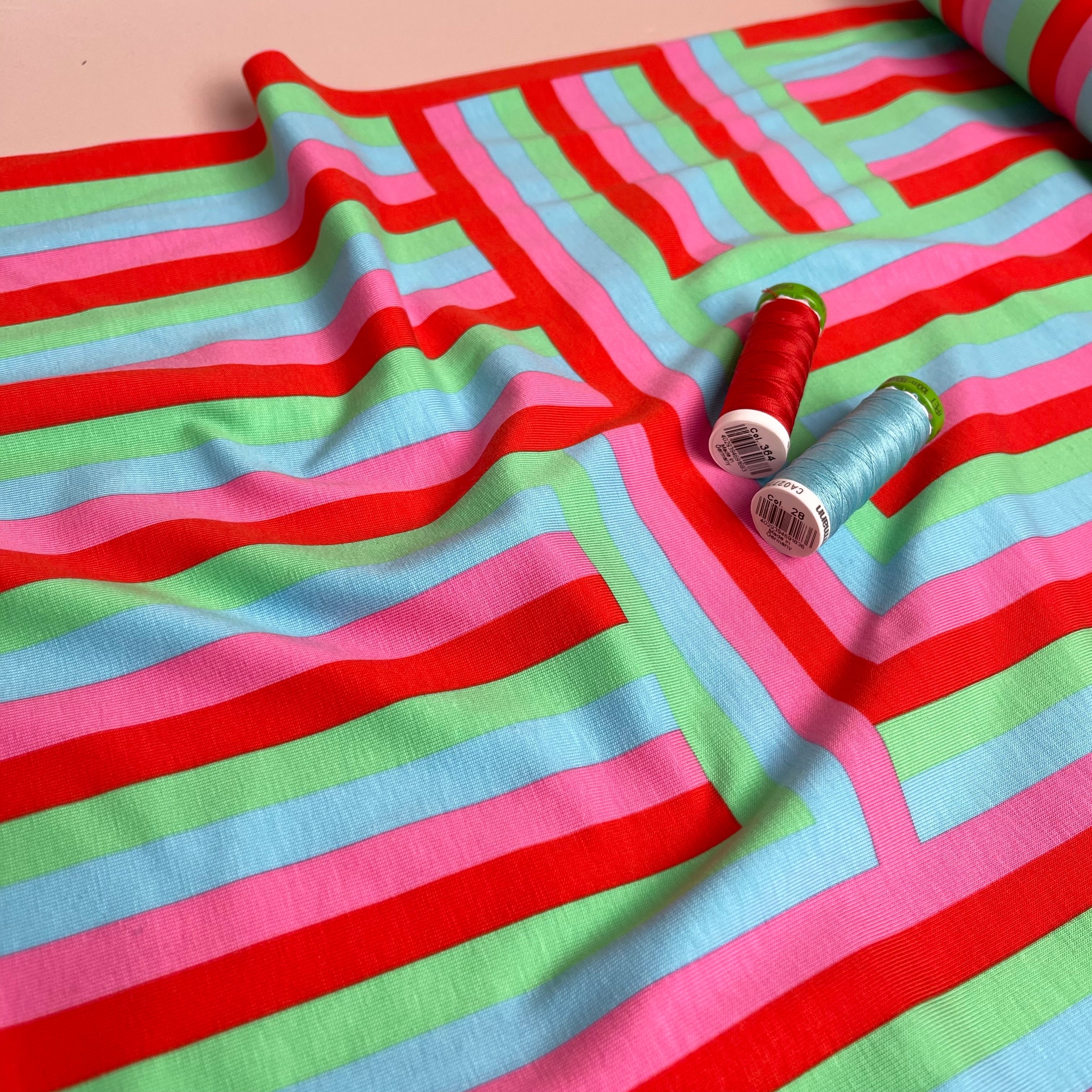 Rainbow Maze Red Cotton Jersey Fabric