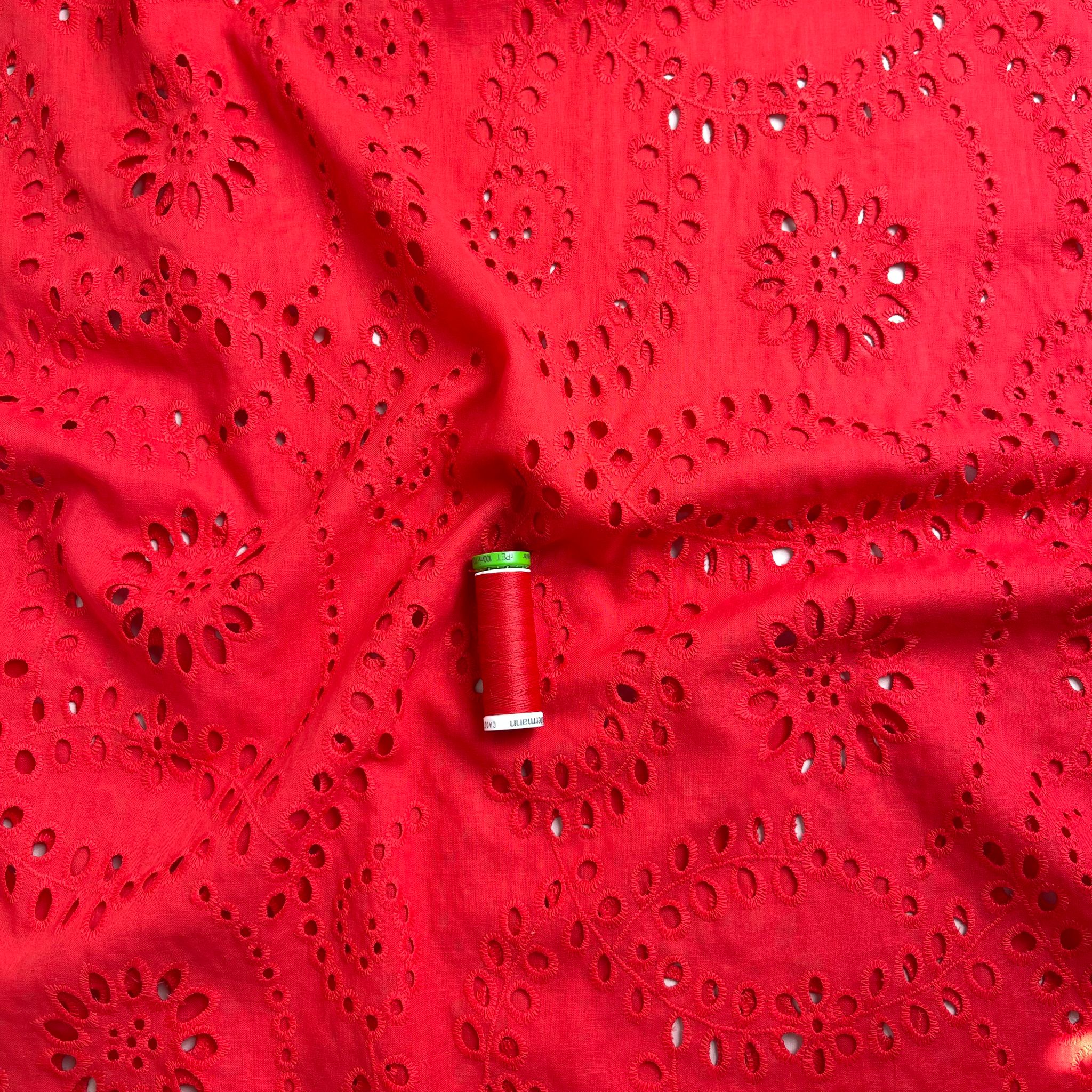 Sweet Vines Red Cotton Broderie Anglaise Fabric