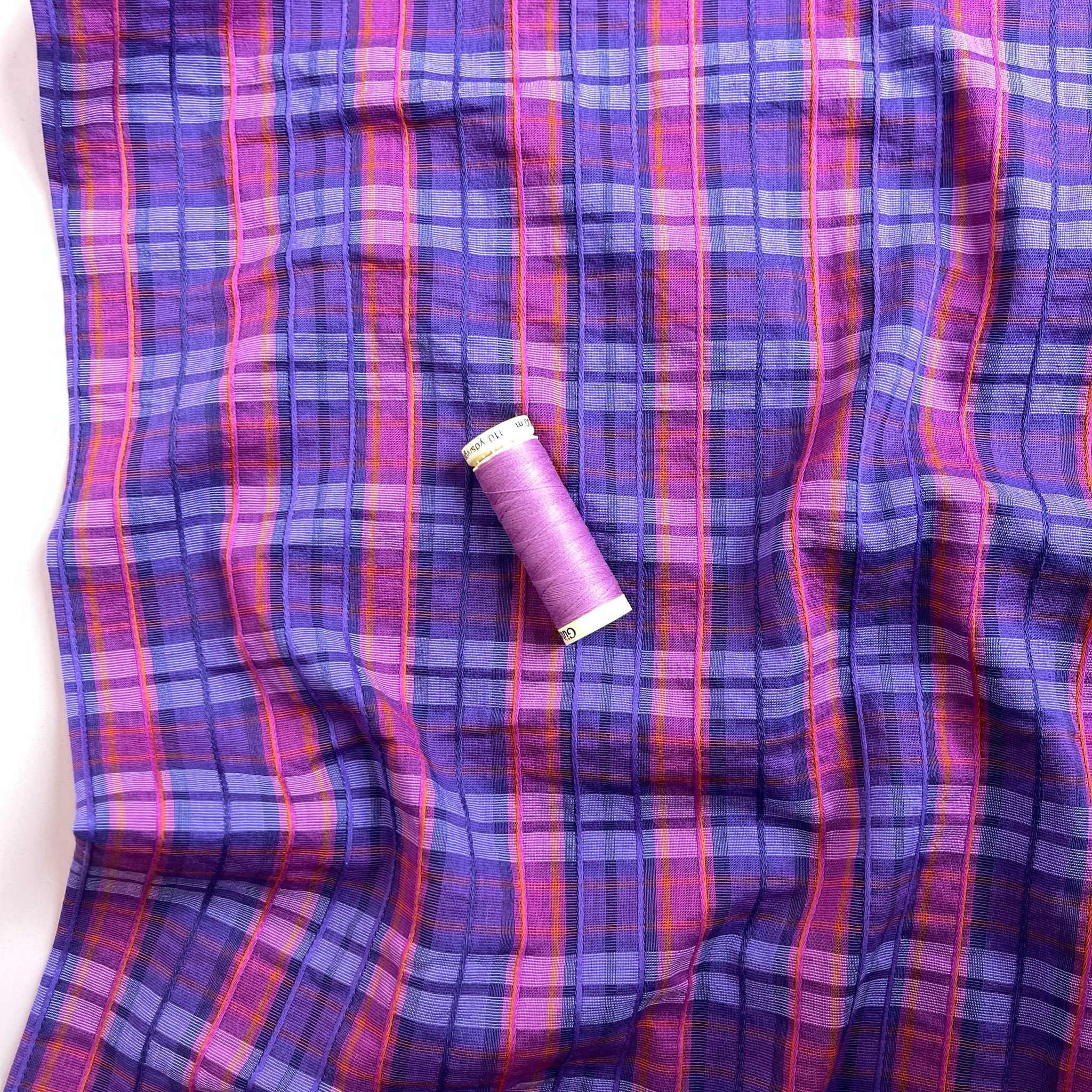 Ex-Designer Deadstock Purple Embroidered Check Cotton Blend Seersucker Fabric