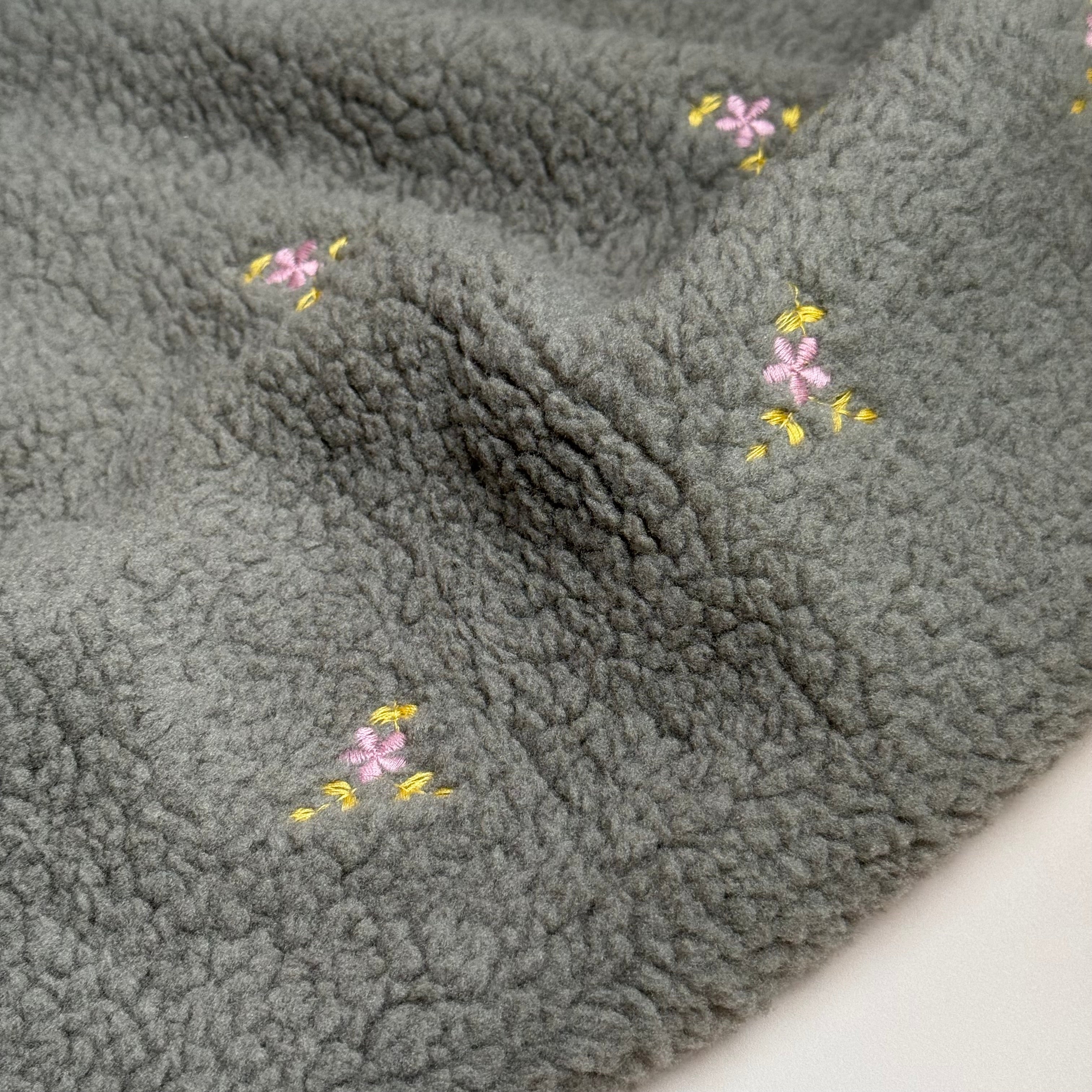 Teddy Fabric with Embroidered Flowers in Grey
