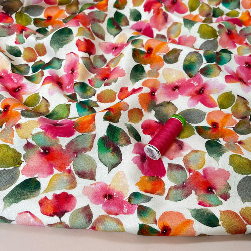 Watercolour Spring Blossoms on White Viscose Linen Fabric
