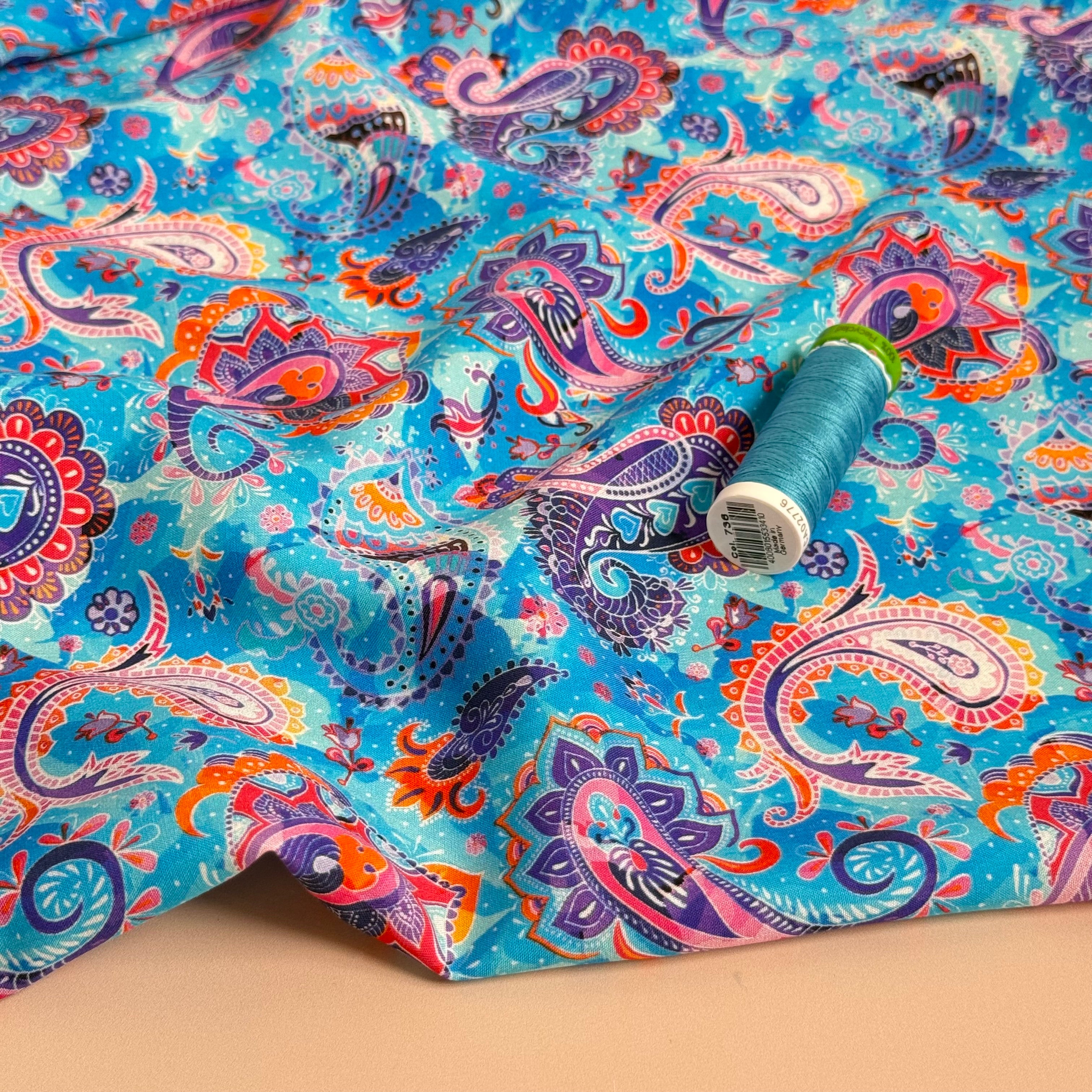 Purple Paisley on Turquoise Viscose Poplin Fabric