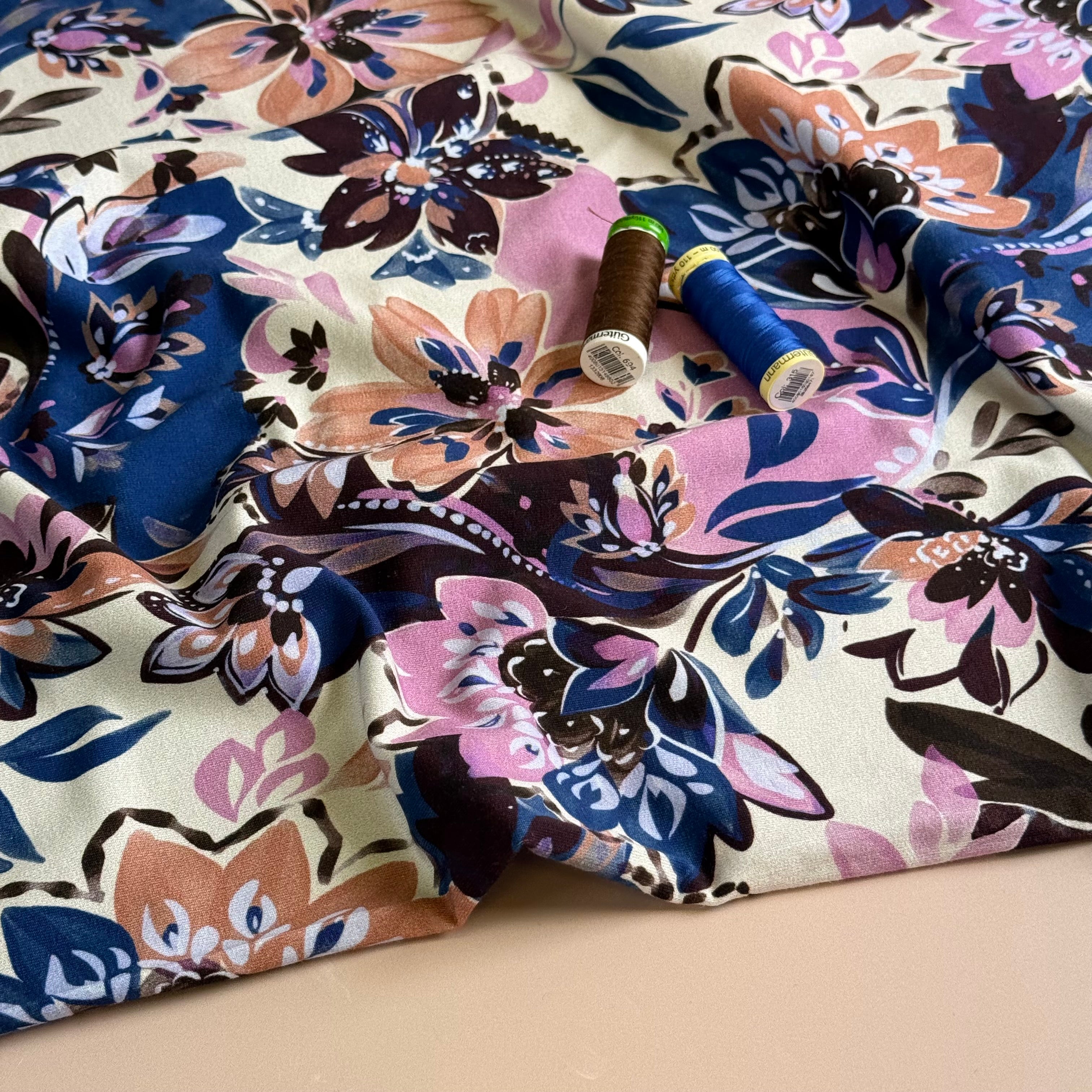 Painted Neutral Flowers Cotton French Terry
