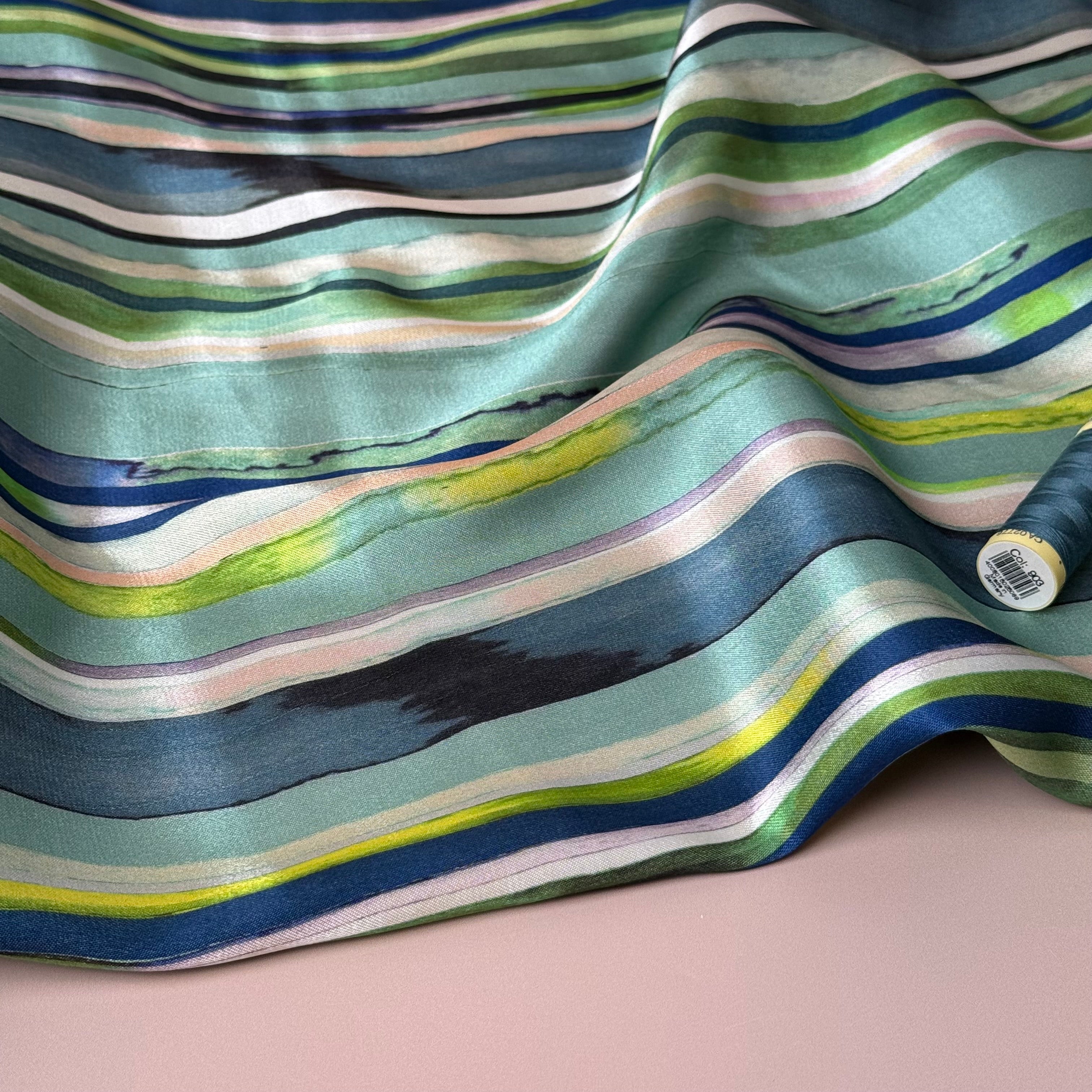 Ocean Stripes Viscose Sateen Fabric