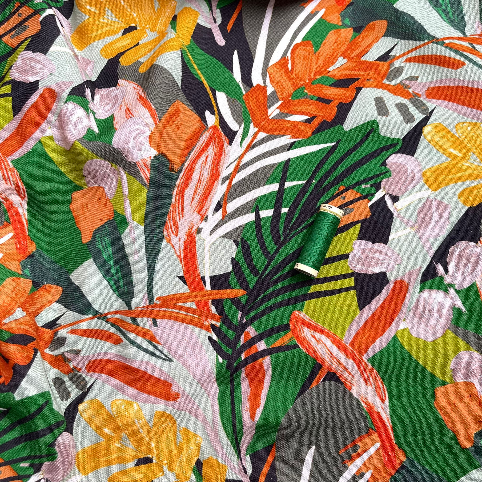 Tropical Forest in Emerald Viscose Linen Fabric