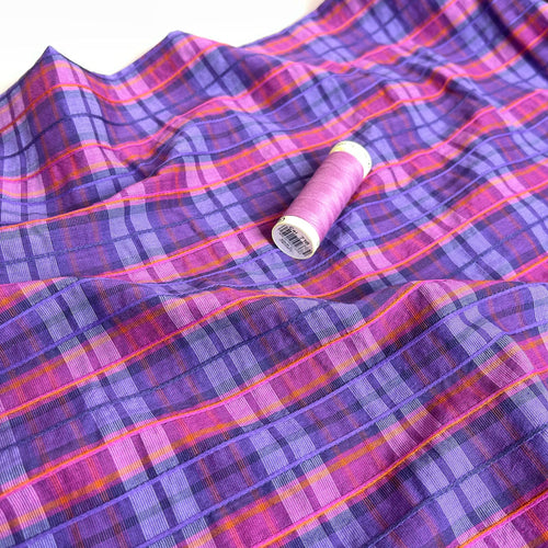 Ex-Designer Deadstock Purple Embroidered Check Cotton Blend Seersucker Fabric