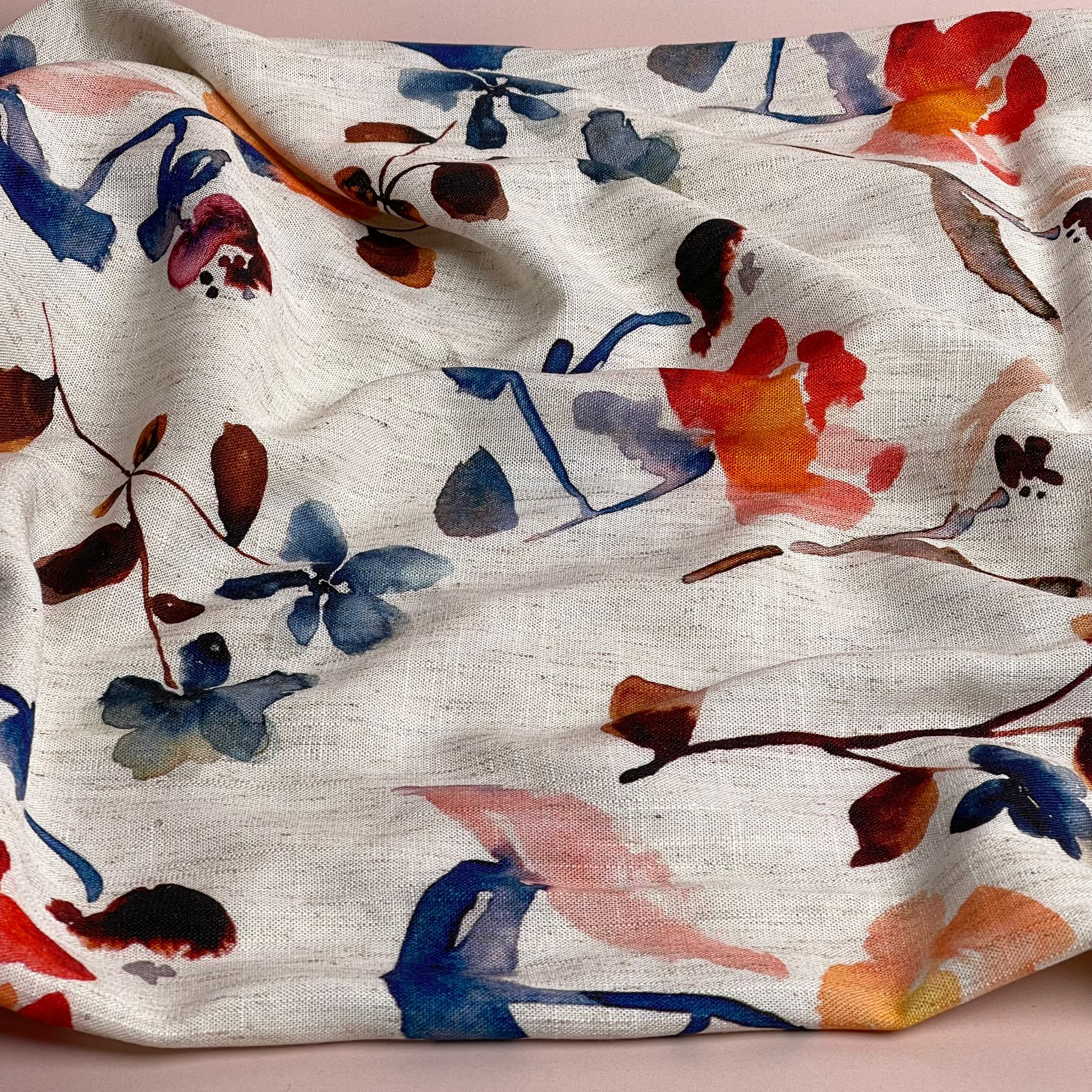 Apricot and Blue Florals Viscose Linen Fabric