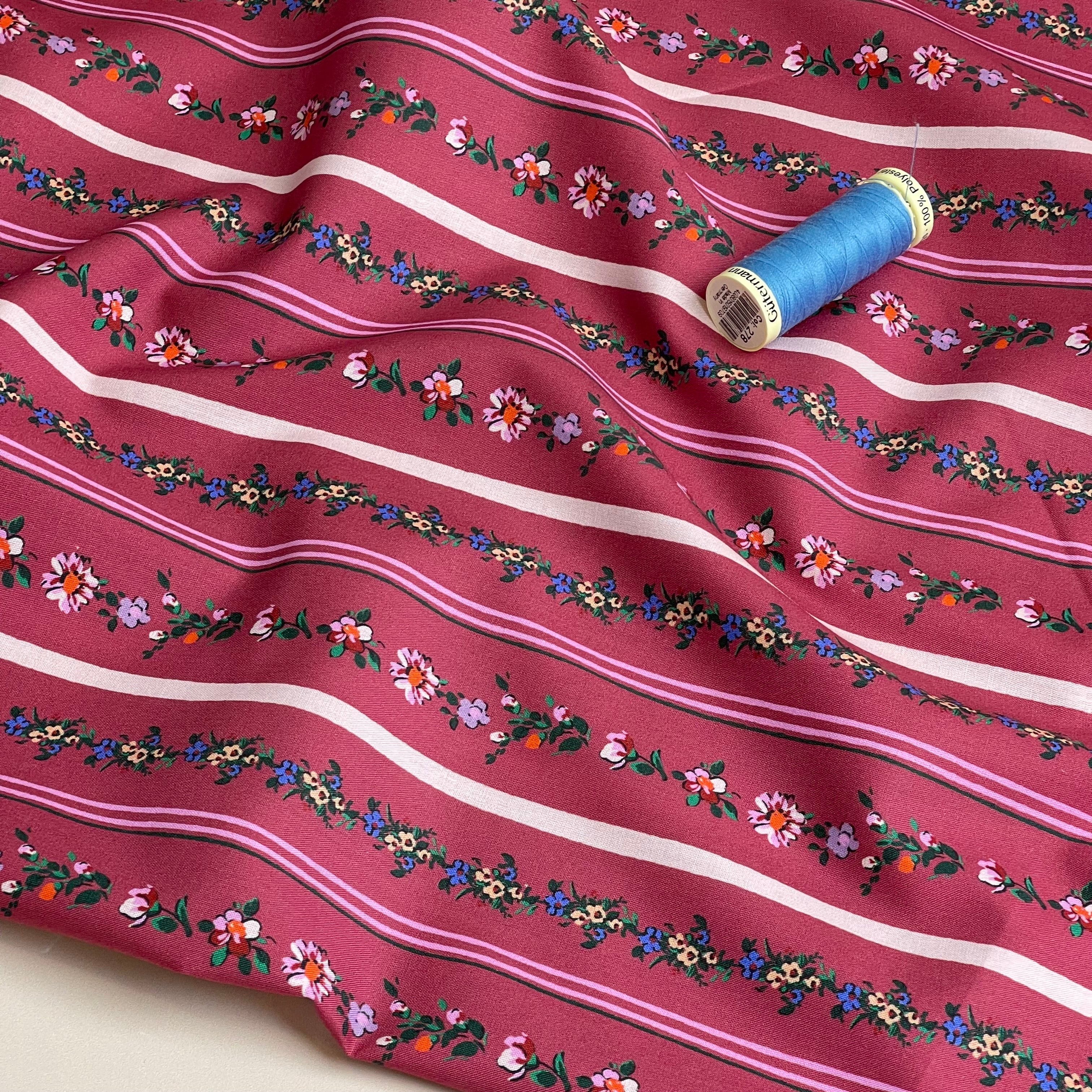 Floral Stripes on Burgundy Fine Cotton Poplin Fabric