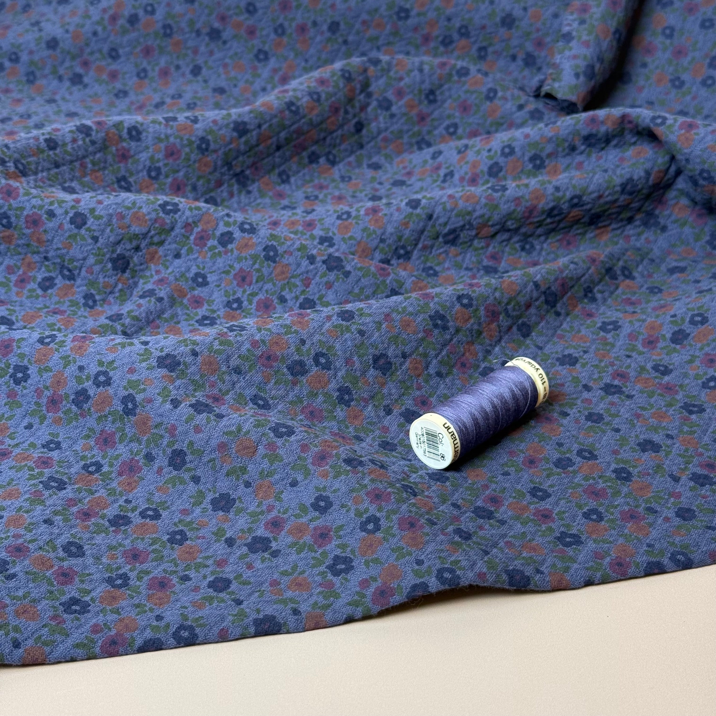 Ditsy Flowers Red on Blue Cotton Diamond Jacquard Fabric