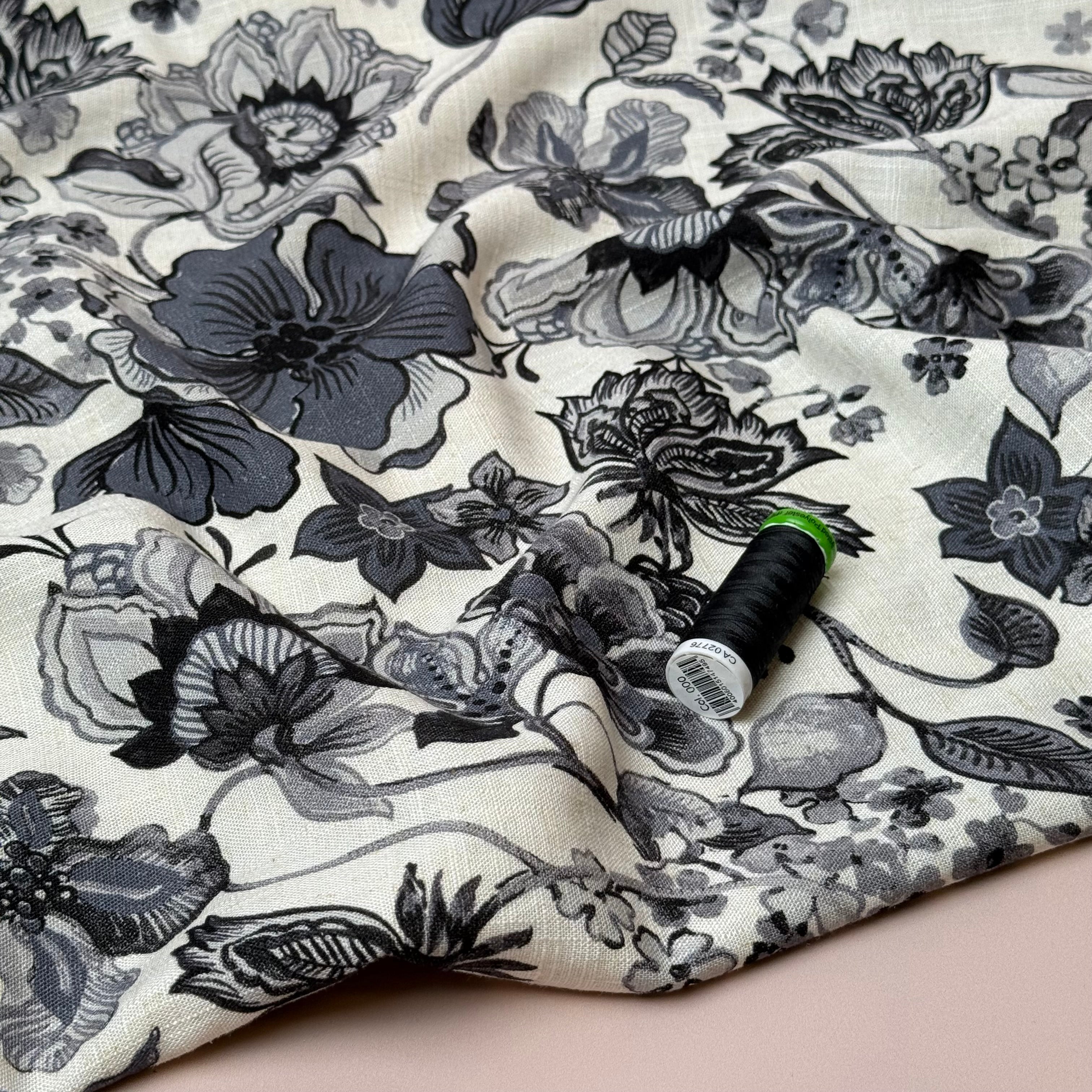 Henna Flowers Charcoal Grey Viscose Linen Fabric