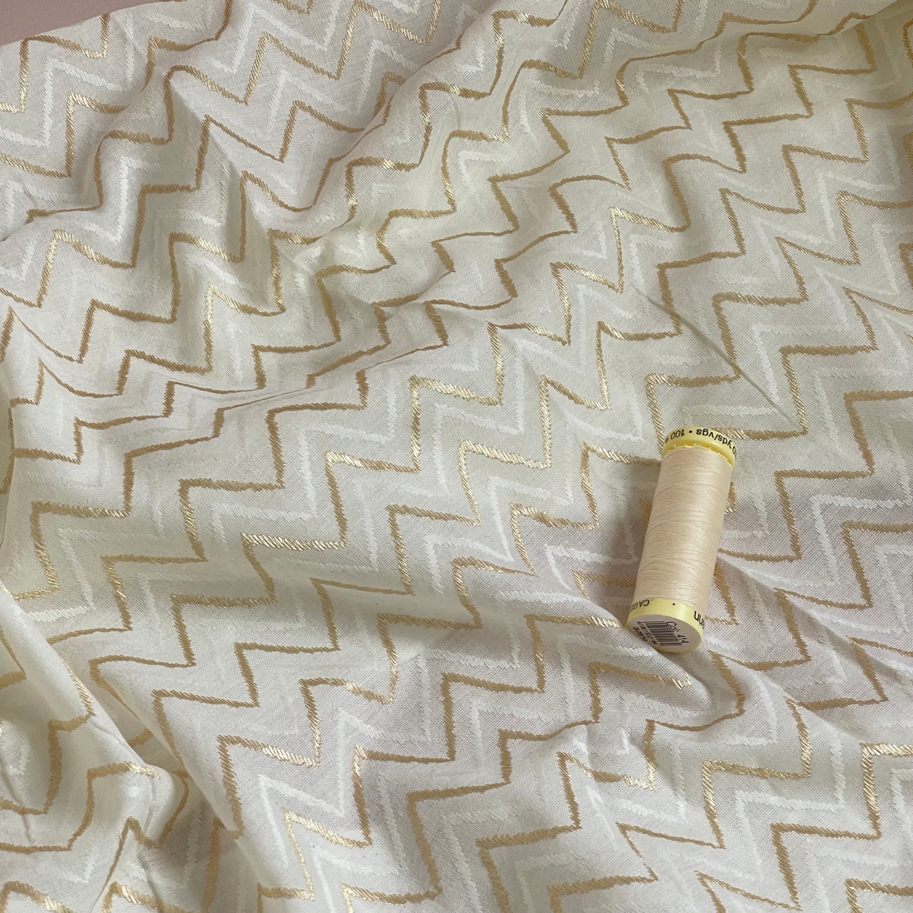 Ex-Designer Deadstock - Embroidered Gold & Ivory Chevrons on Cotton Fabric