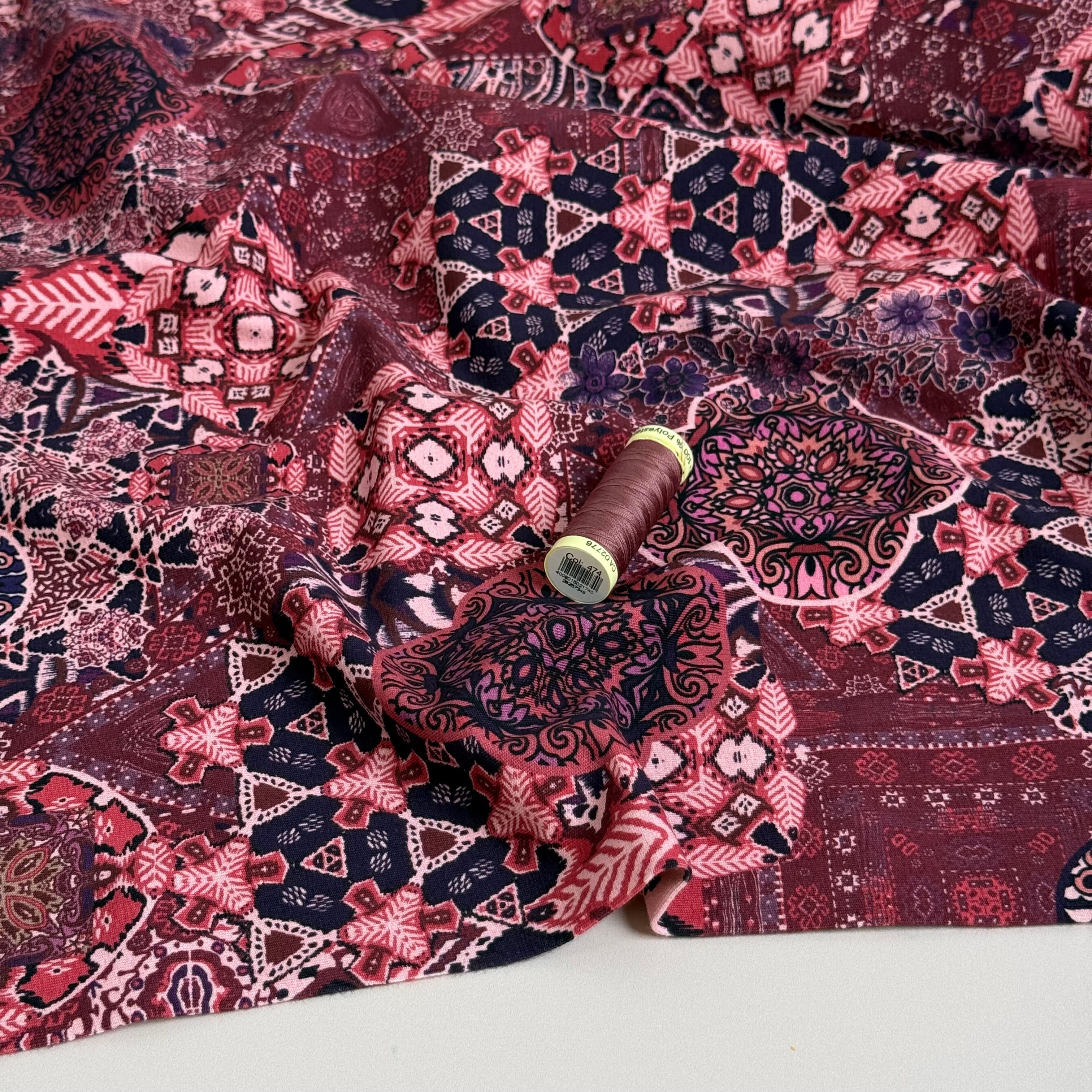 Ornamental Deco Burgundy Cotton Jersey Fabric
