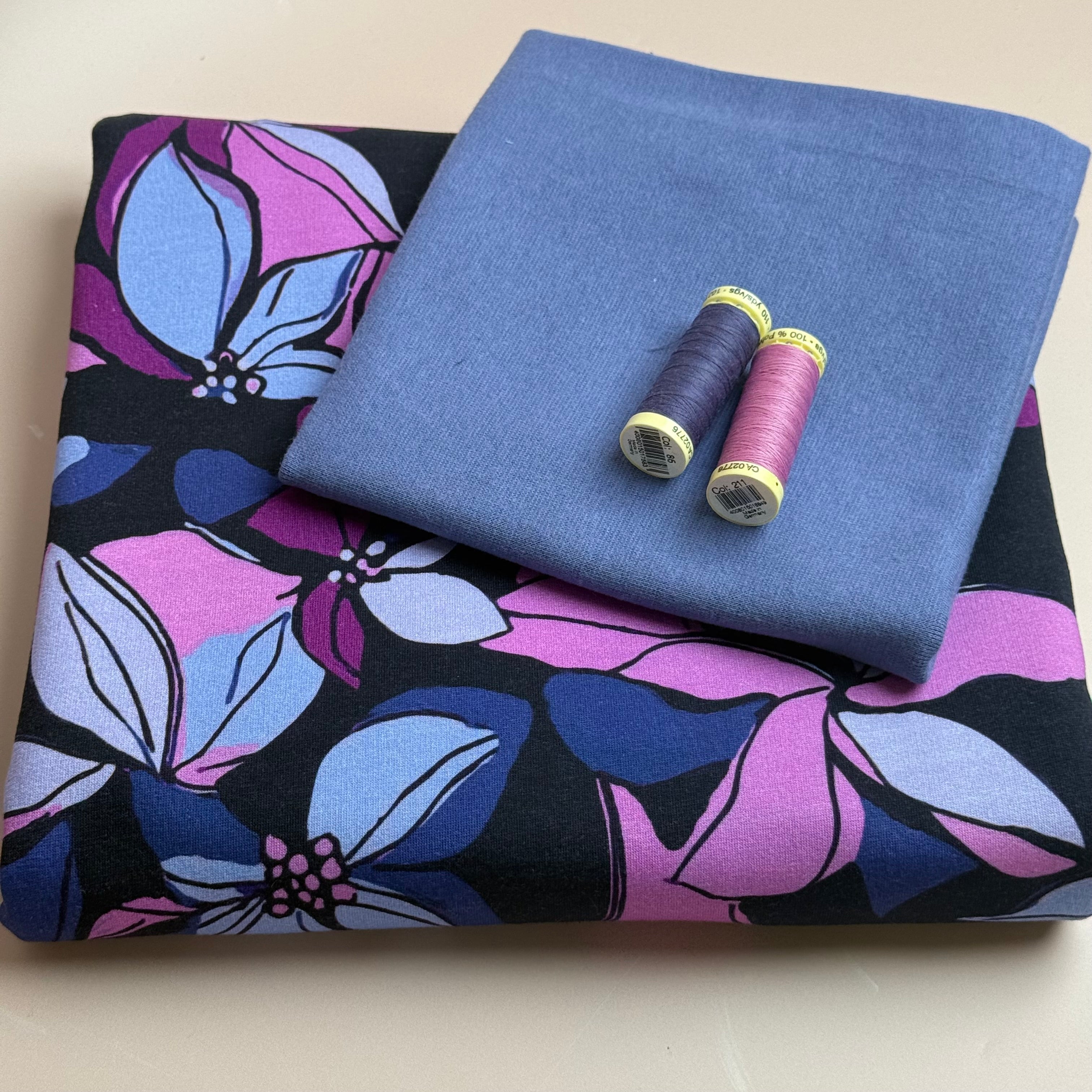 Colour Bundles - Lilies on Dark Navy Cotton Sweatshirting & Matching Ribbing