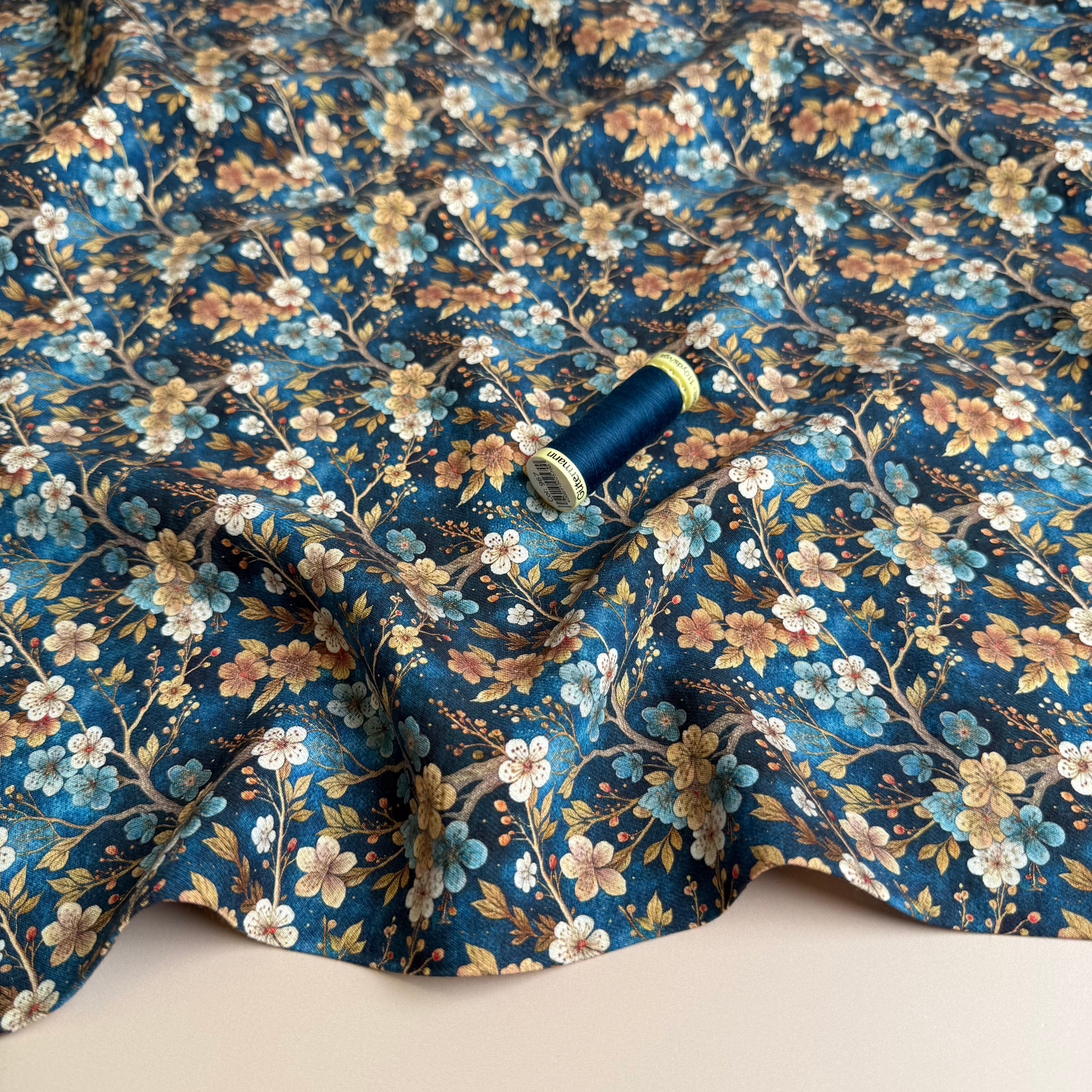 Cherry Blossoms Blue Fine Viscose Twill