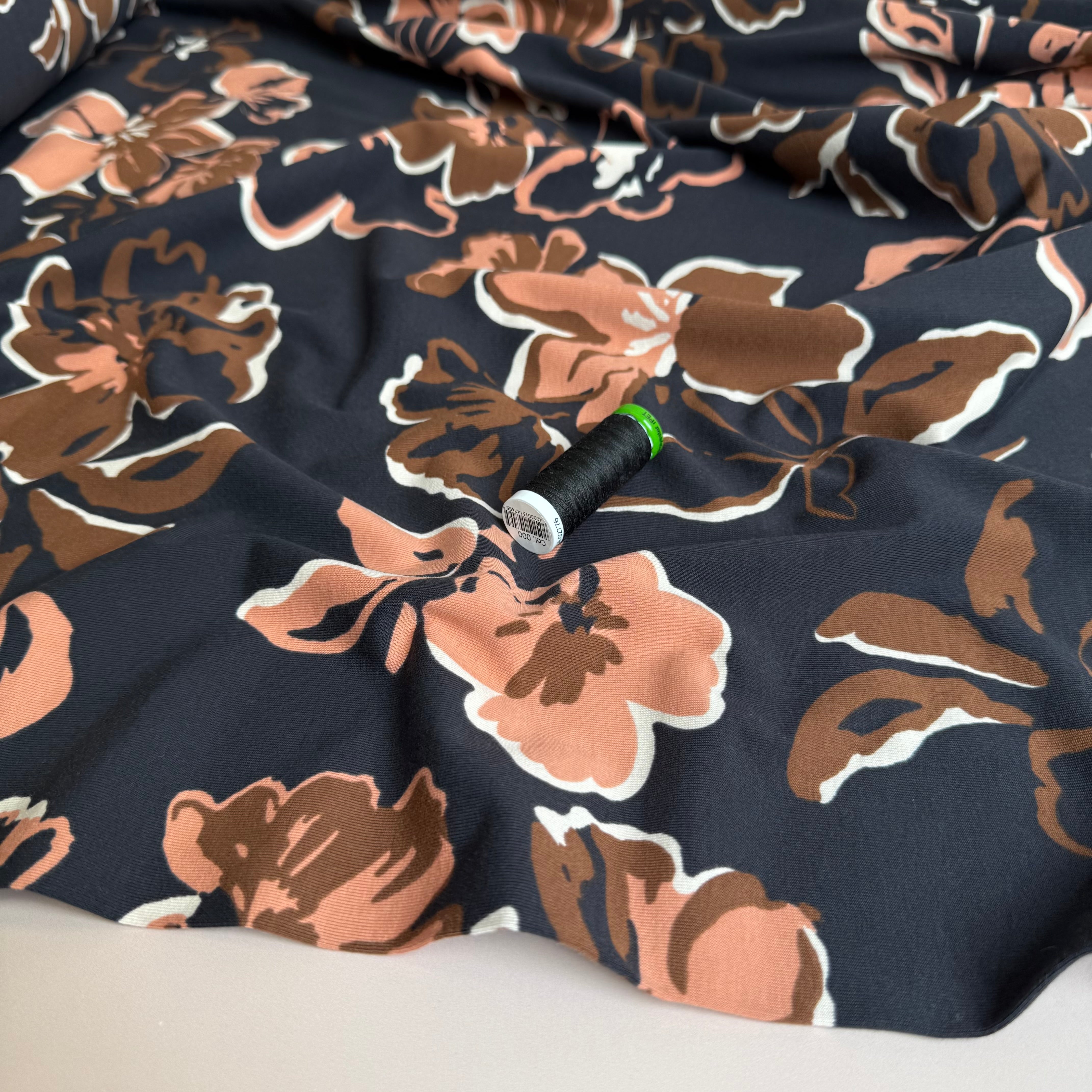 Painted Large Flowers on Black Cotton Jersey Fabric