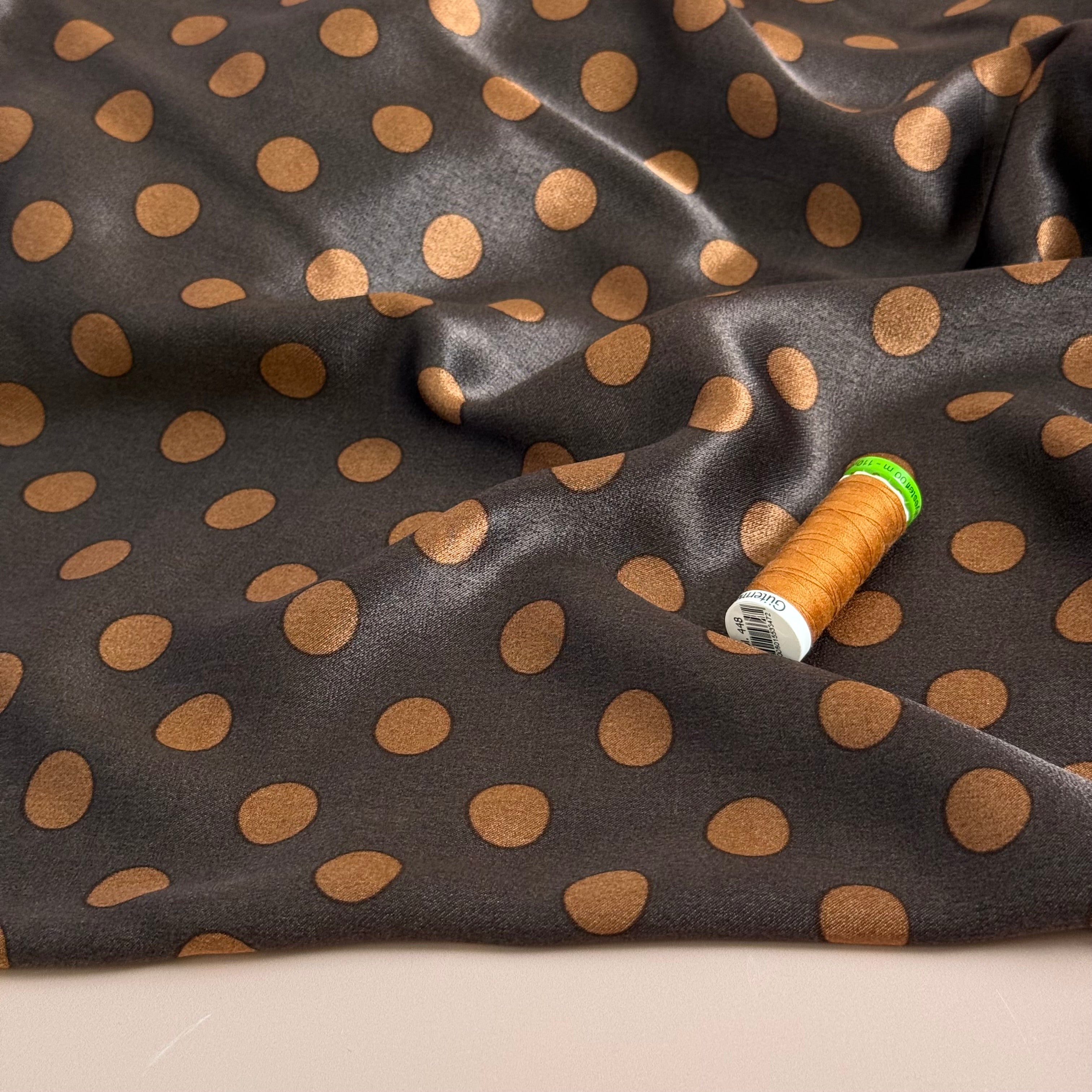 Polka Caramel on Brown Spun Viscose Sateen Fabric