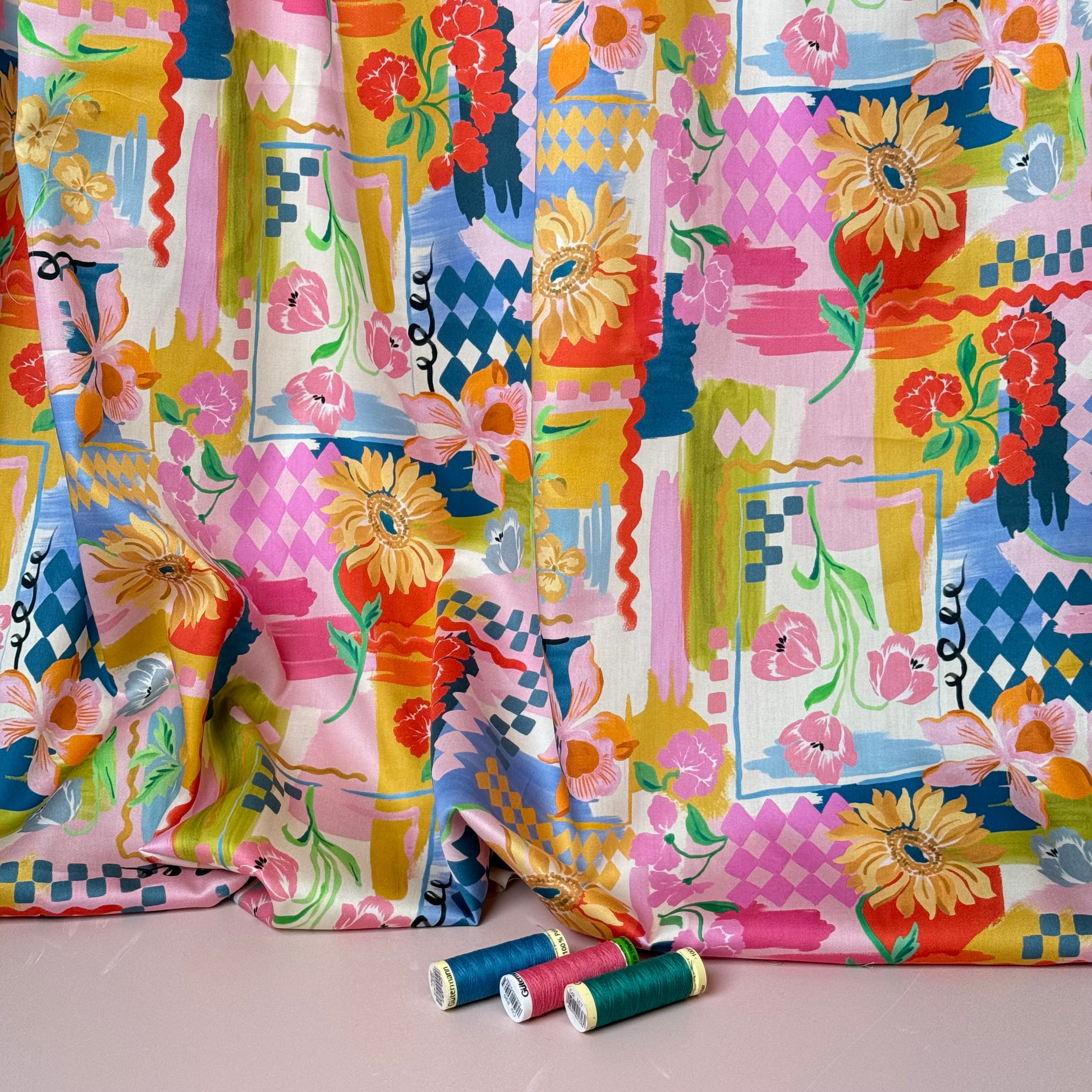 Holiday Patchwork Postcard Spring Cotton Sateen Fabric