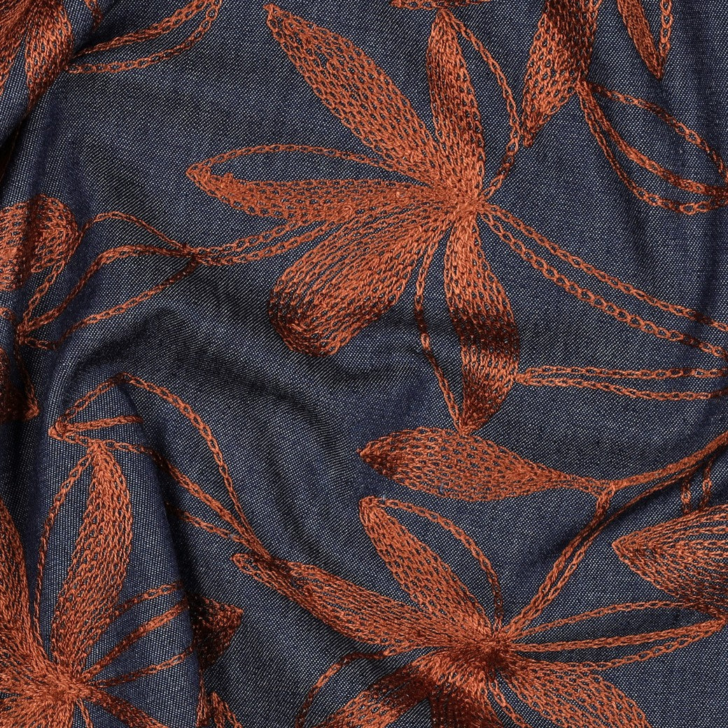 Denim with Camel Embroidered Flowers Cotton Fabric