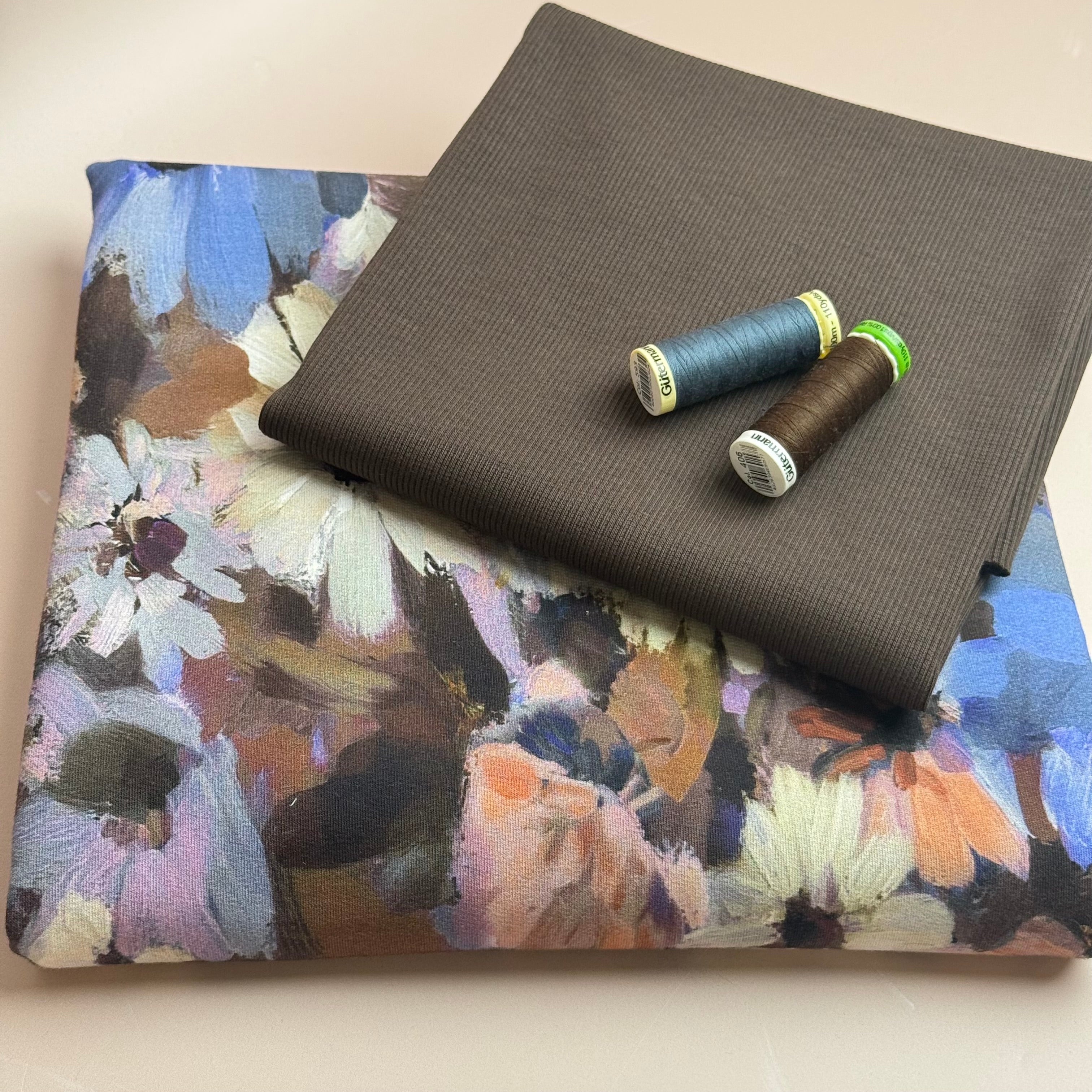 Colour Bundles - Painted Florals Brown Cotton French Terry & Matching Ribbing