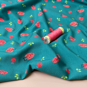 Strawberries on Teal Cotton Jersey Fabric