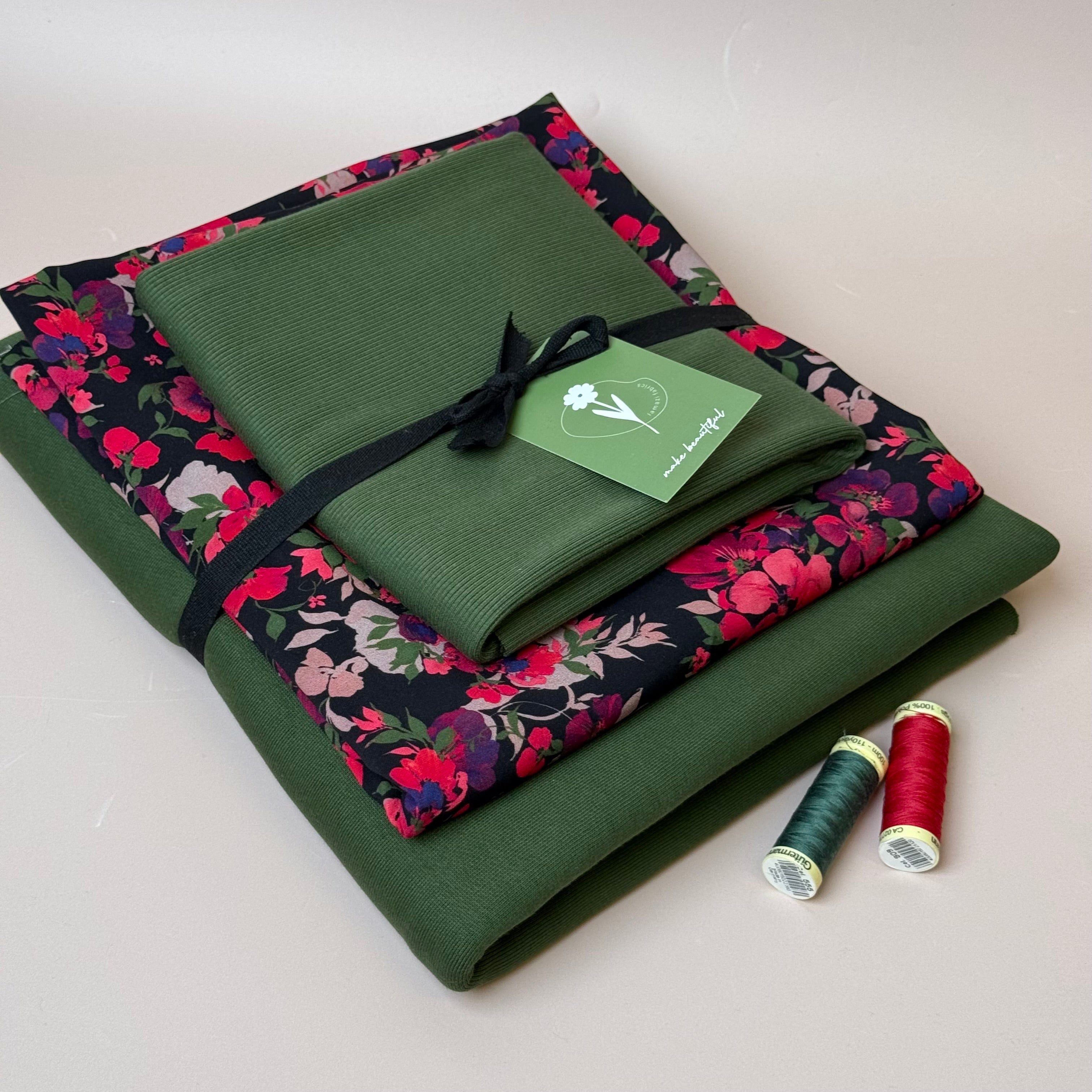 Make an Outfit Colour Bundle - Rosehip Viscose & Brushed Sweatshirt in Green Khaki with Ribbing
