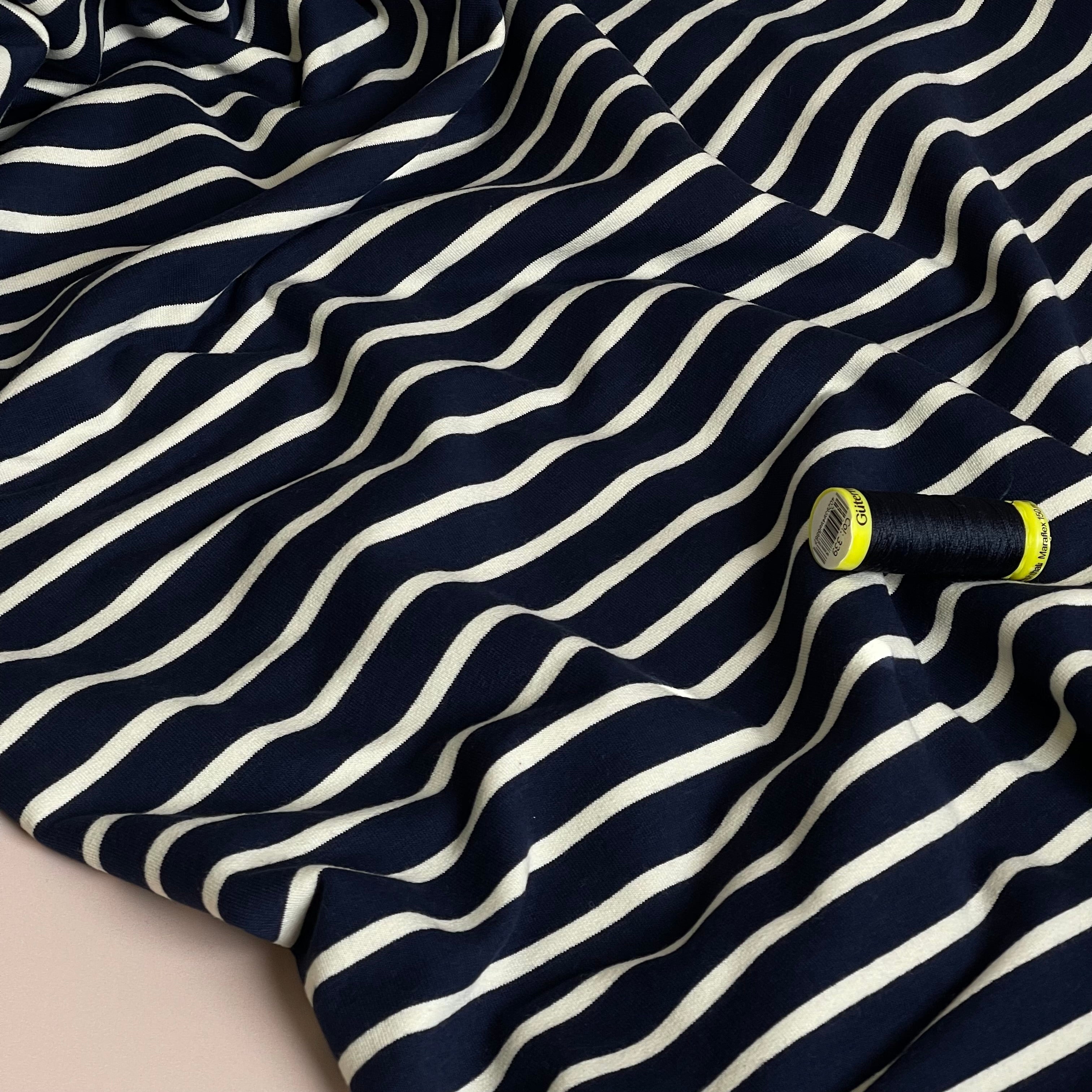 Yarn Dyed Ecru Stripes on Navy Cotton French Terry