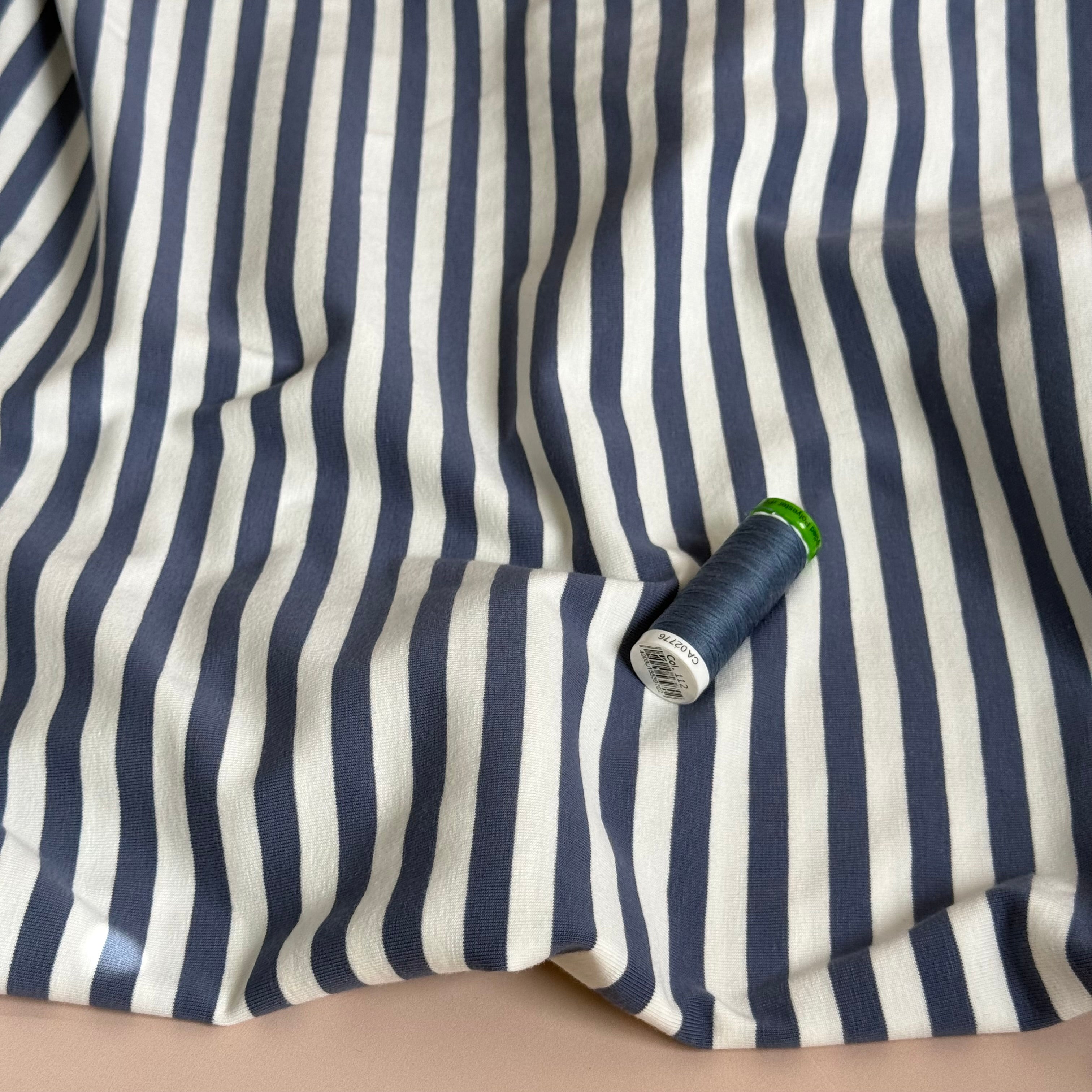 Yarn Dyed Denim Blue Breton Stripe Cotton Jersey Fabric