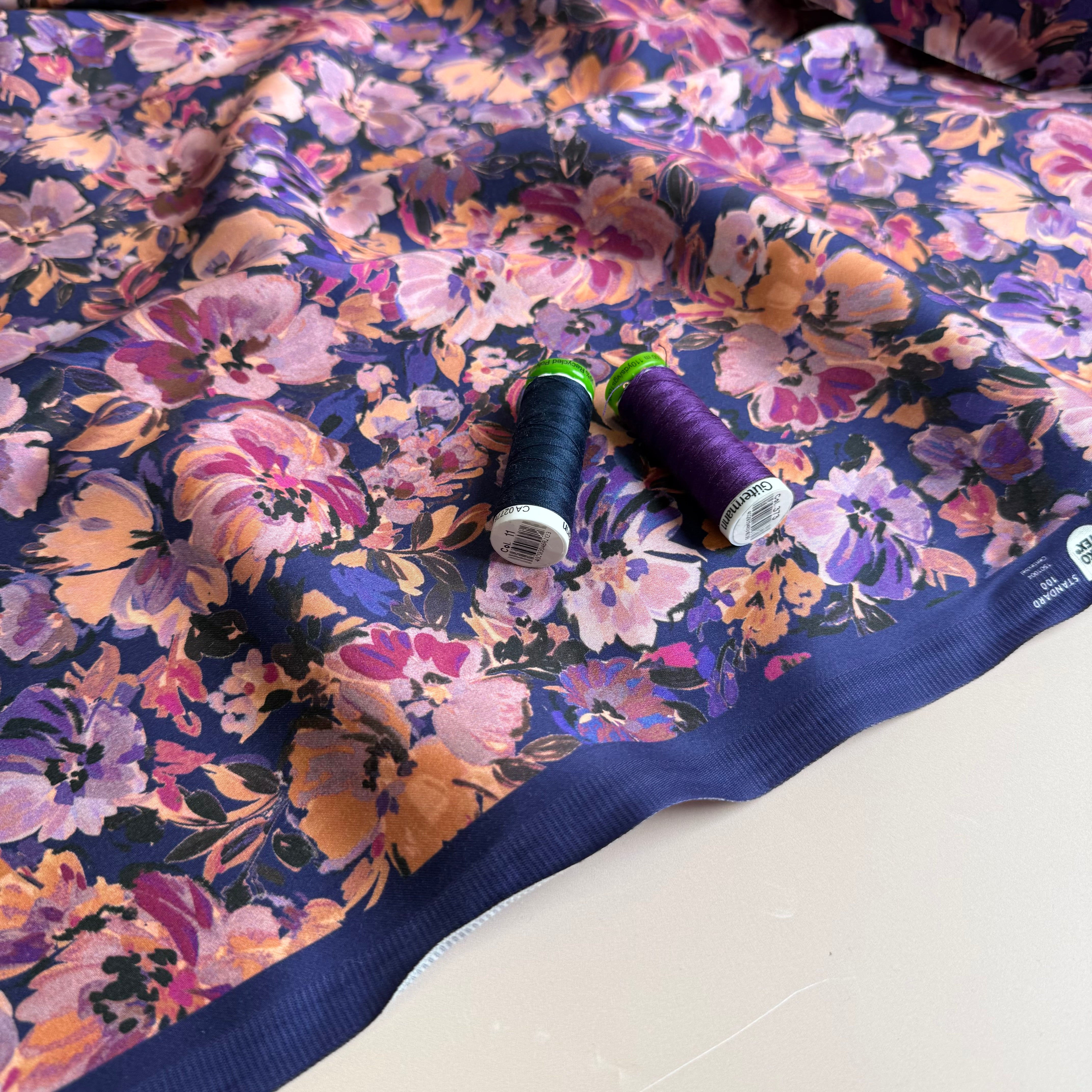 Painted Purple Flowers Cotton Sateen Fabric